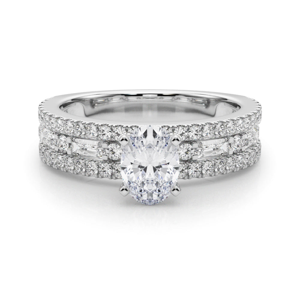 Oval center stone ring with pavé and baguette diamond accents.
Elegant diamond ring featuring an oval centerpiece and cascading accents.
Bonded Brilliance Ring with layered diamonds symbolizing unity.