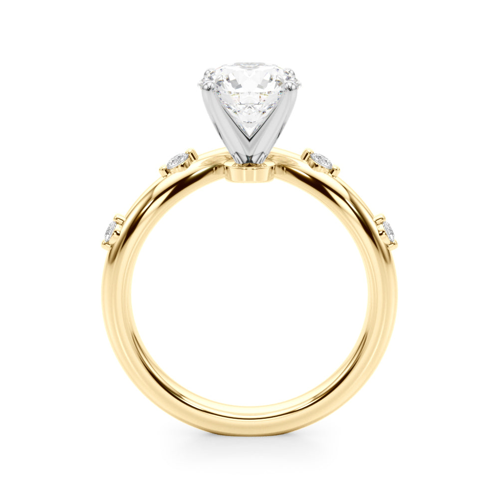 14k gold vine-inspired engagement ring with a round-cut lab-grown diamond center and delicate diamond accents along the band.