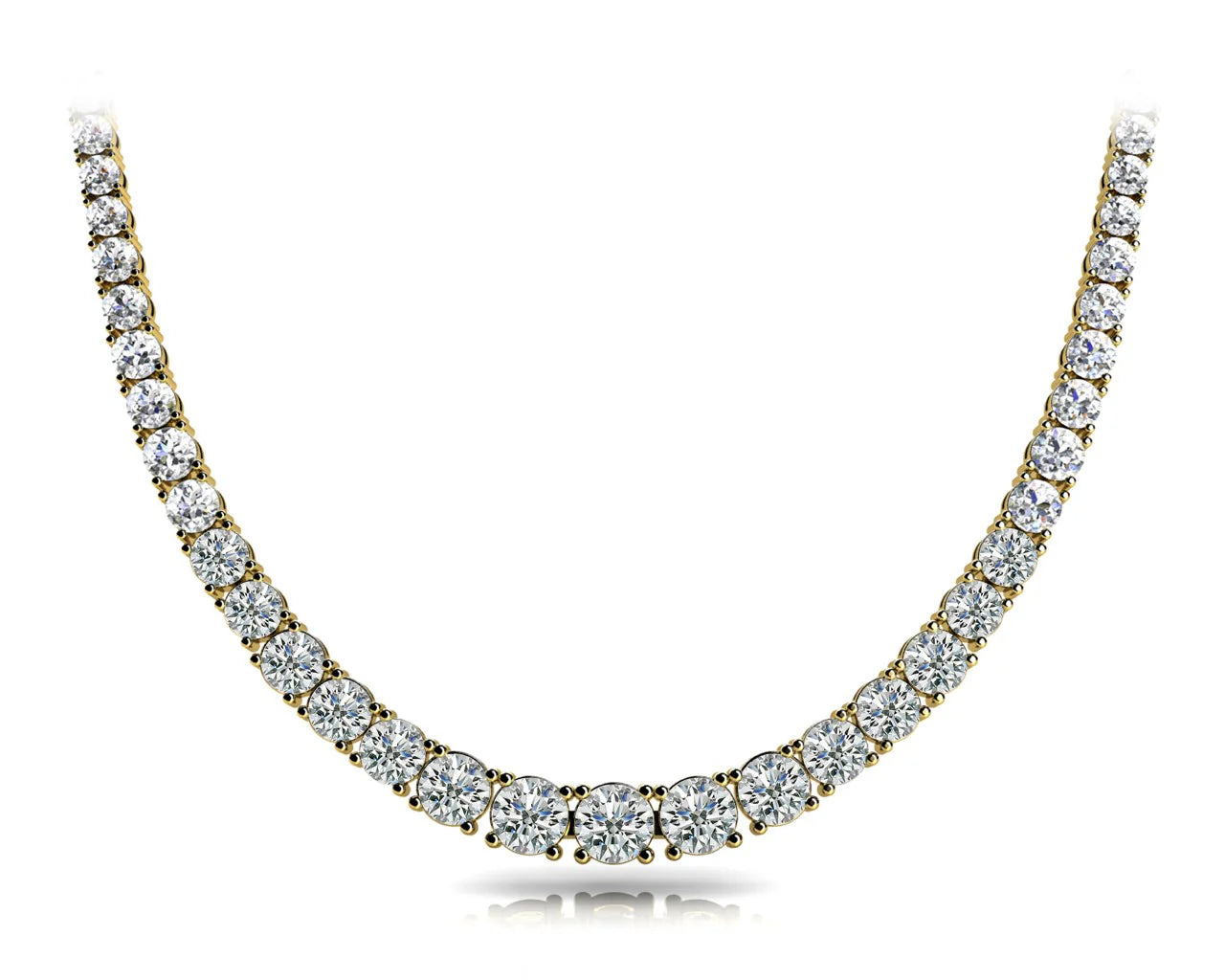 14k gold graduated diamond necklace with increasing diamond sizes toward the center, set in four-prong settings, symbolizing growth and transformation.