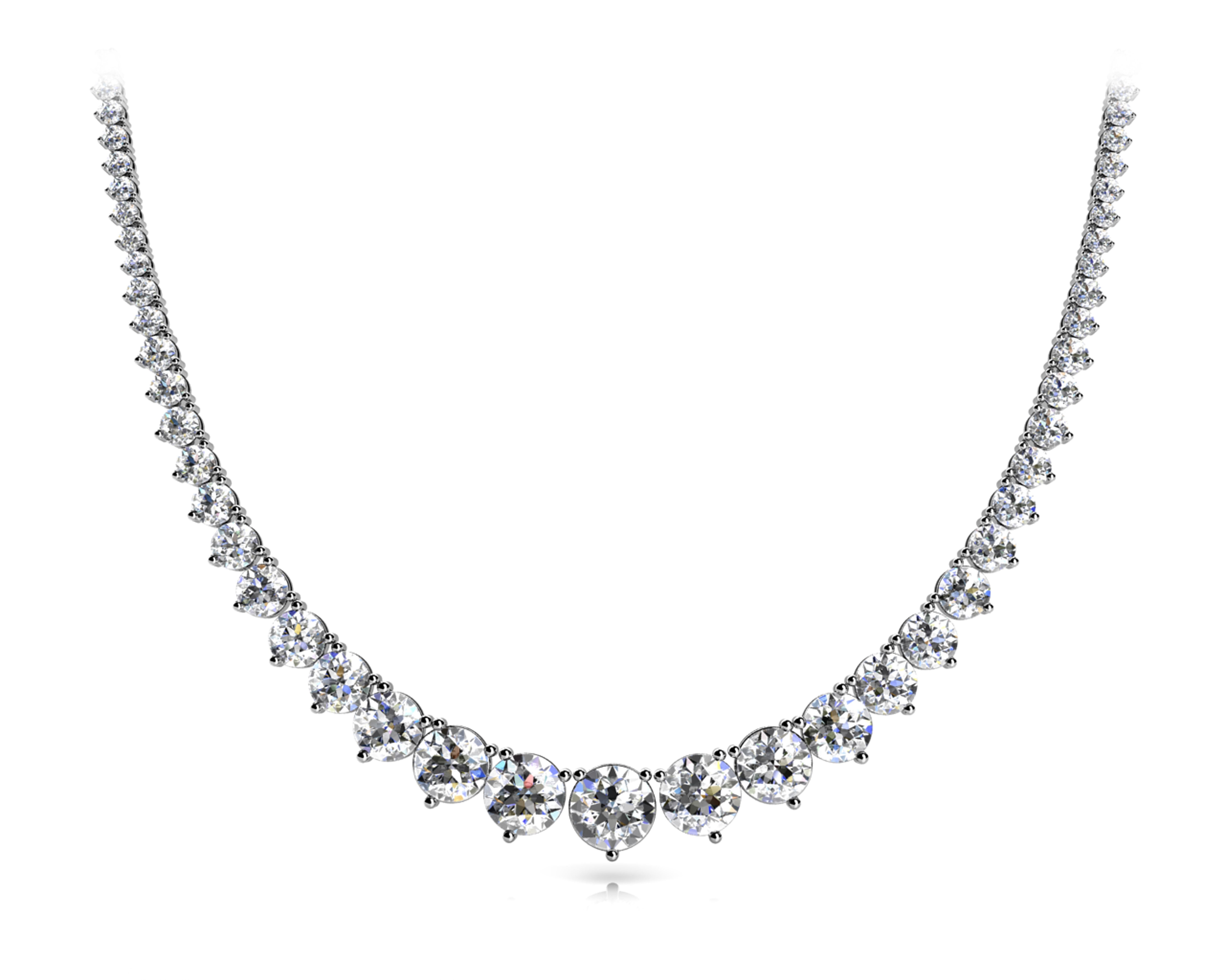 14k gold graduated diamond necklace featuring a three-prong setting with diamonds increasing in size toward the center, symbolizing growth and continuity.