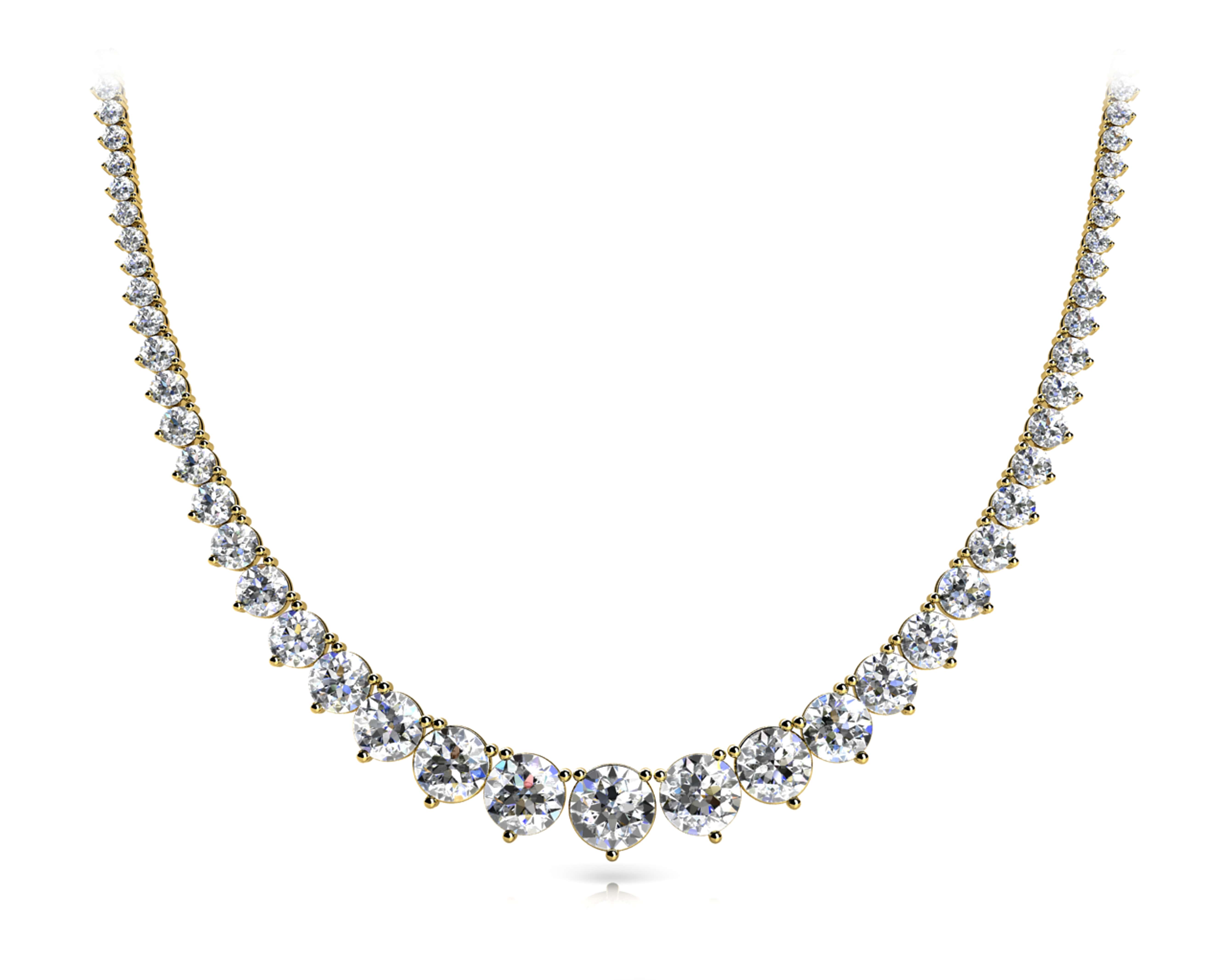 14k gold graduated diamond necklace featuring a three-prong setting with diamonds increasing in size toward the center, symbolizing growth and continuity.