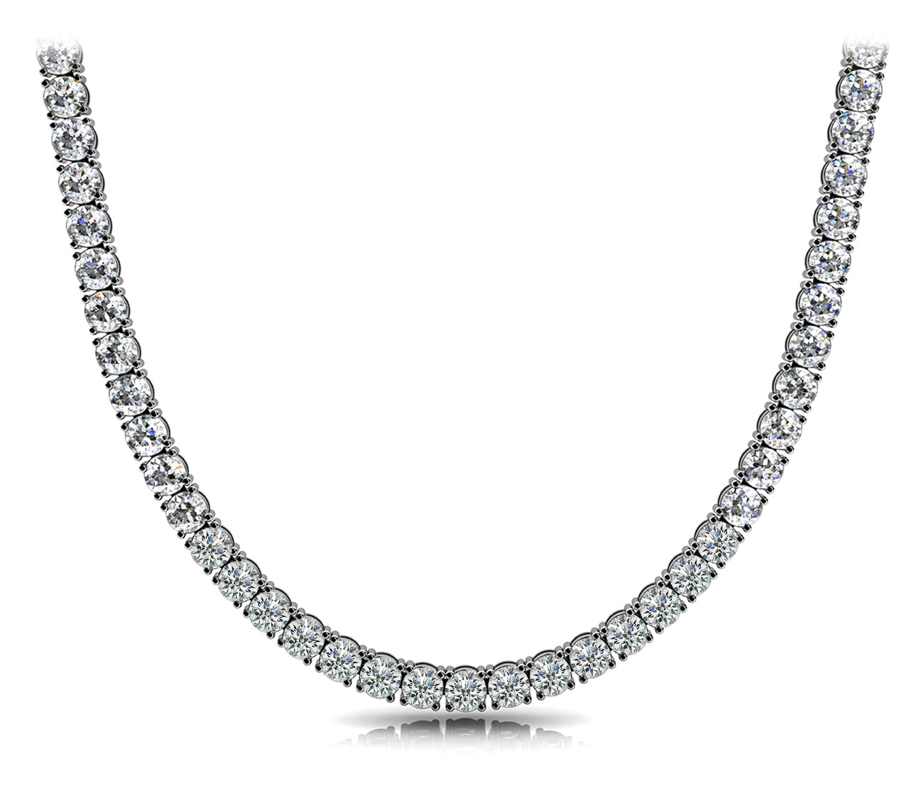 14k white gold Tennis Classic necklace featuring round lab-grown diamonds elegantly set to contour the neckline.