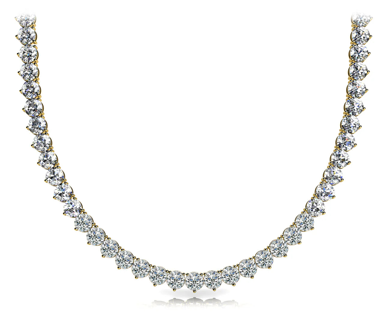 14k gold Tennis Trinity necklace featuring round lab-grown diamonds in a three-prong setting, elegantly encircling the neckline.