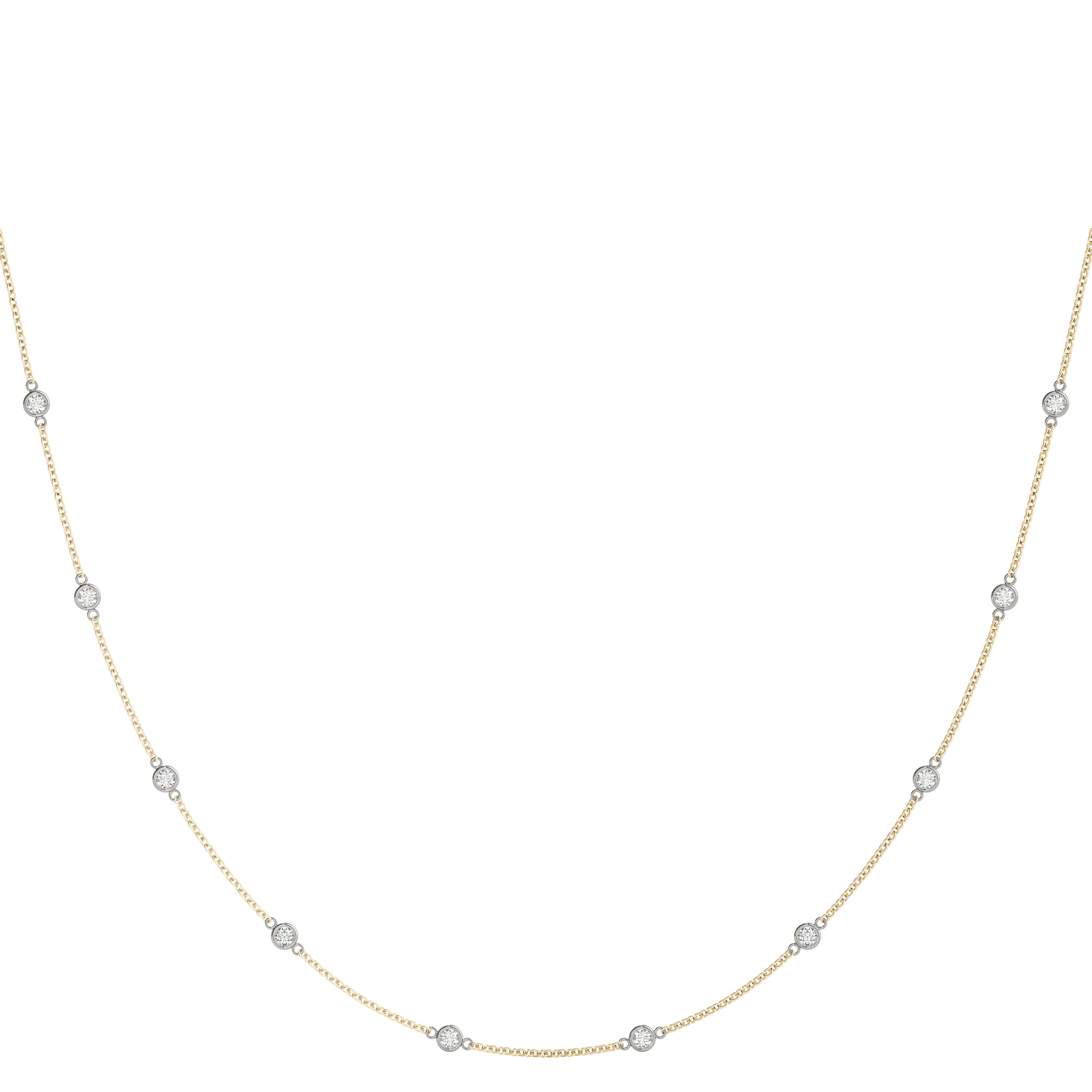 14k gold bezel-set diamond necklace with ten evenly spaced diamonds on a delicate chain.