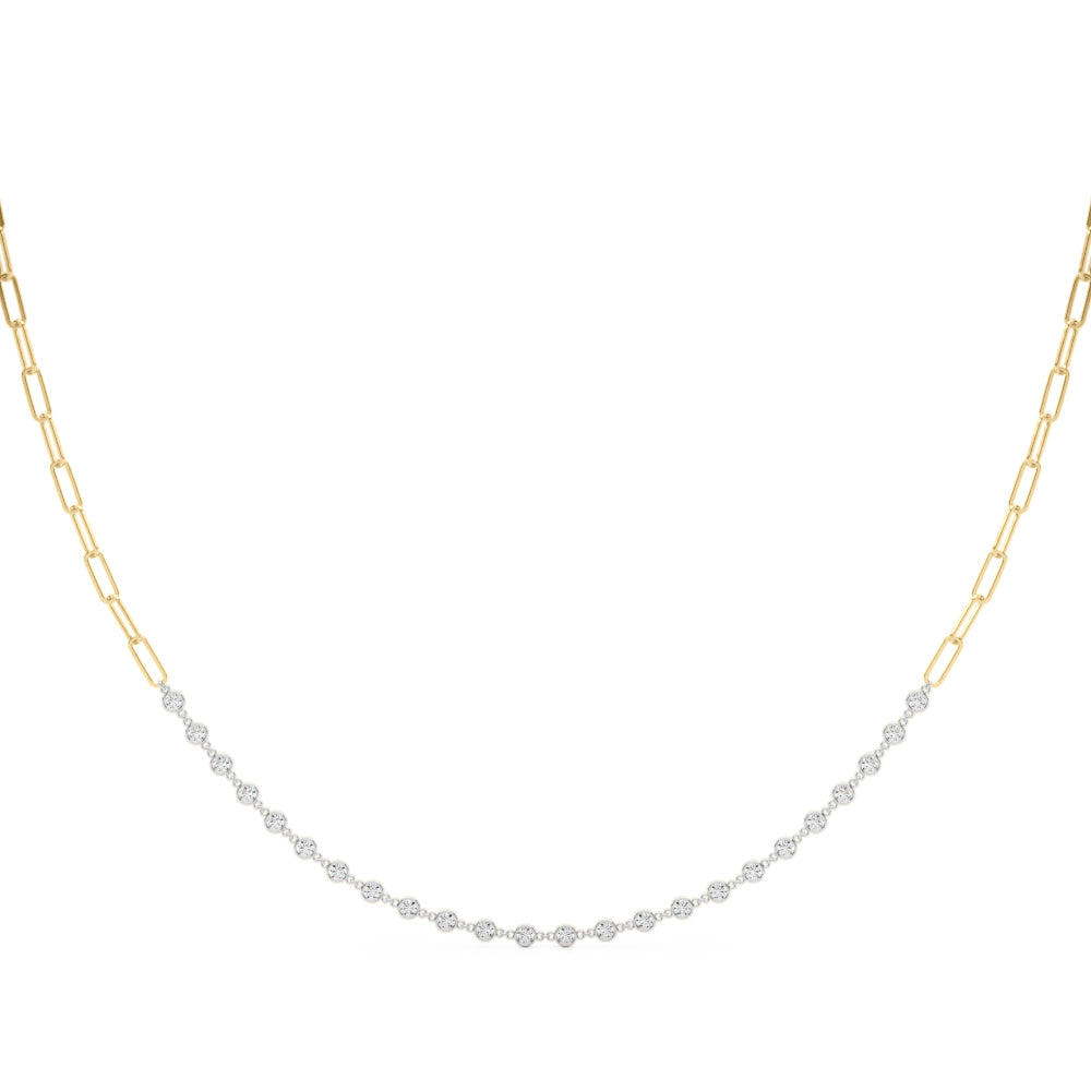 14k rose gold and diamond station paperclip necklace with alternating elongated links and radiant diamond stations.