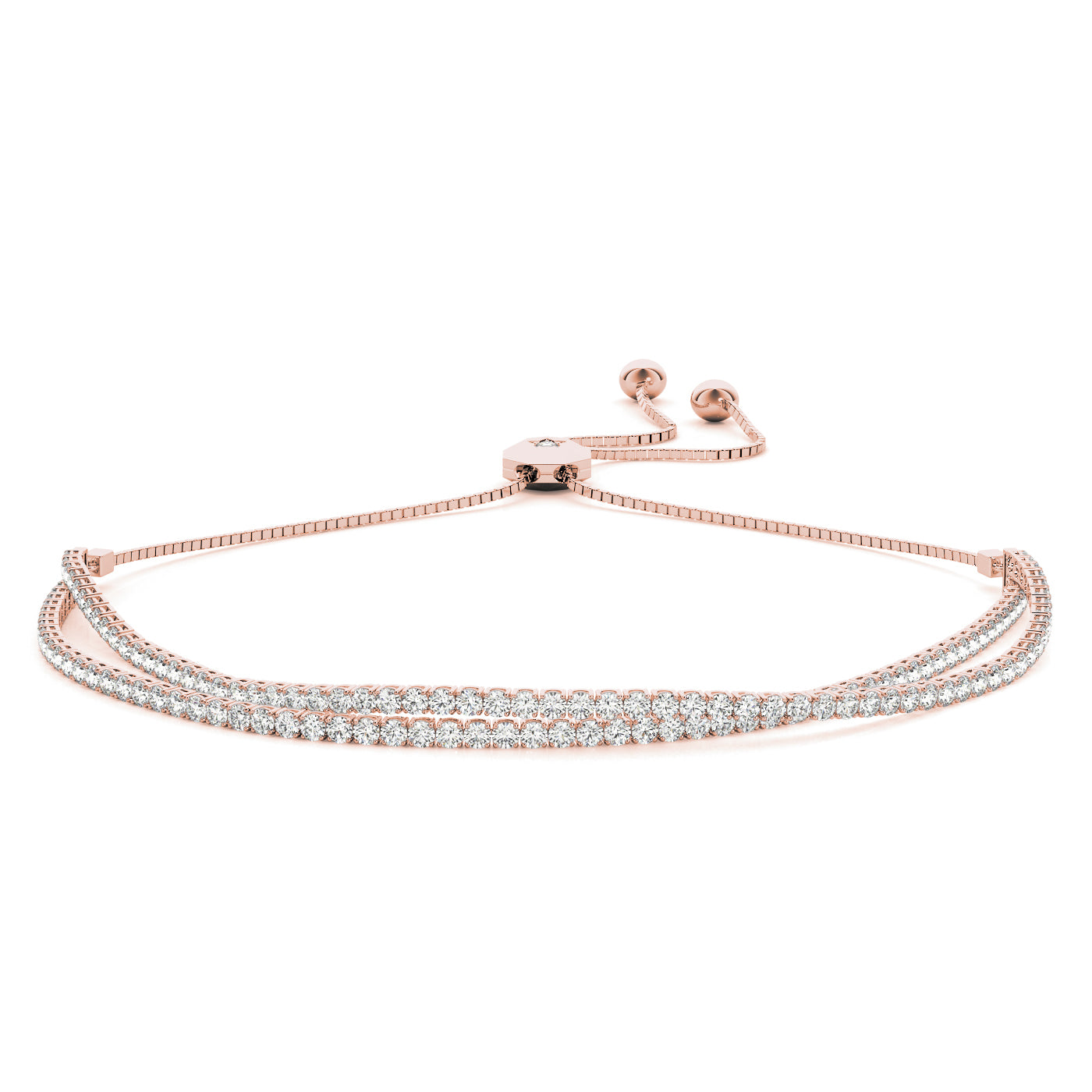 14k rose gold dual-row diamond bracelet with adjustable slider clasp, exuding luxury and sophistication.