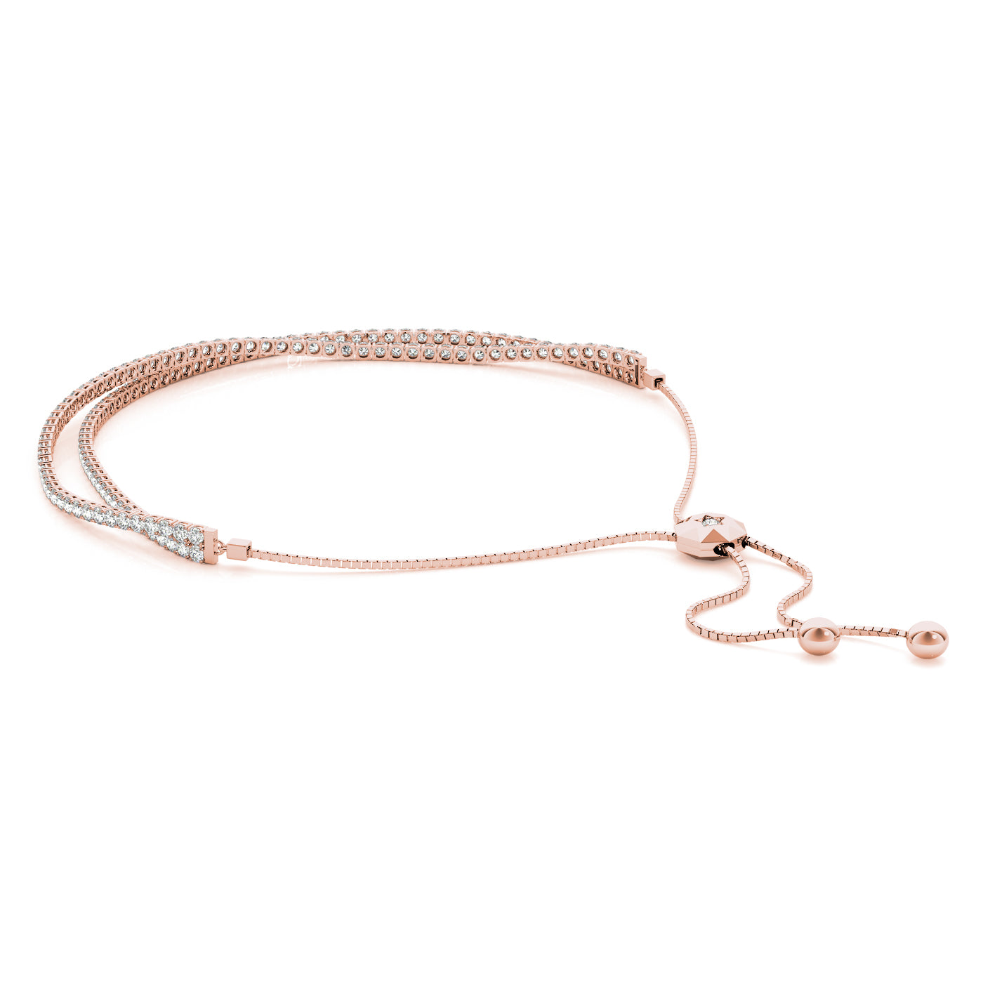 14k rose gold dual-row diamond bracelet with adjustable slider clasp, exuding luxury and sophistication.