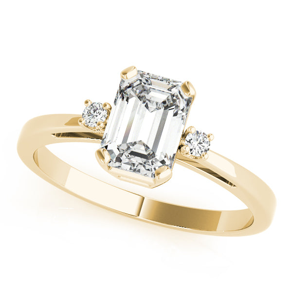 14k gold emerald cut diamond three-stone engagement ring featuring lab-grown diamonds.
