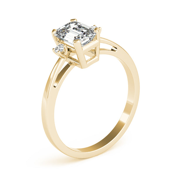 14k gold emerald cut diamond three-stone engagement ring featuring lab-grown diamonds.