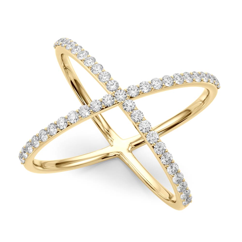 14k gold crisscross diamond ring featuring lab-grown diamonds in a modern X design.
