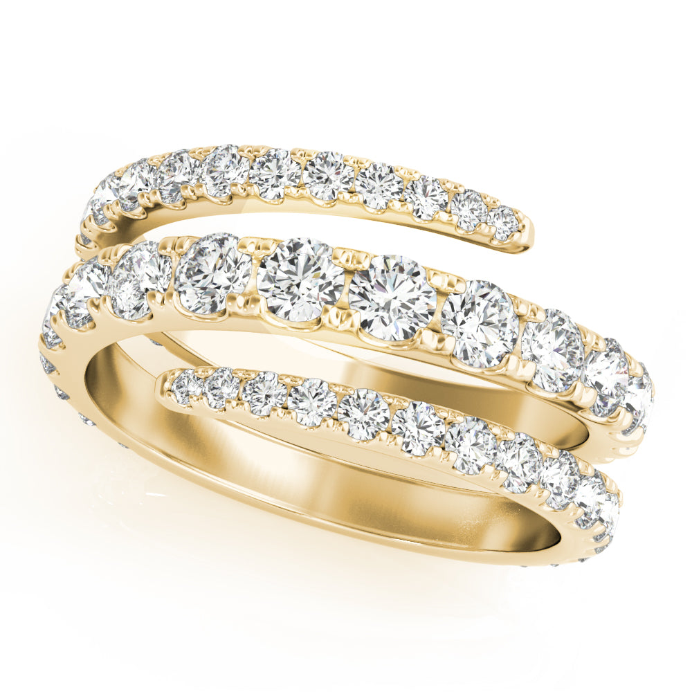 14k gold spiral ring with lab-grown diamonds in a continuous loop design, featuring overlapping bands.