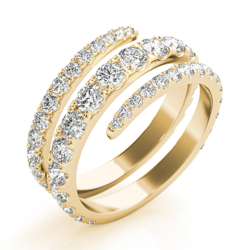 14k gold spiral ring with lab-grown diamonds in a continuous loop design, featuring overlapping bands.