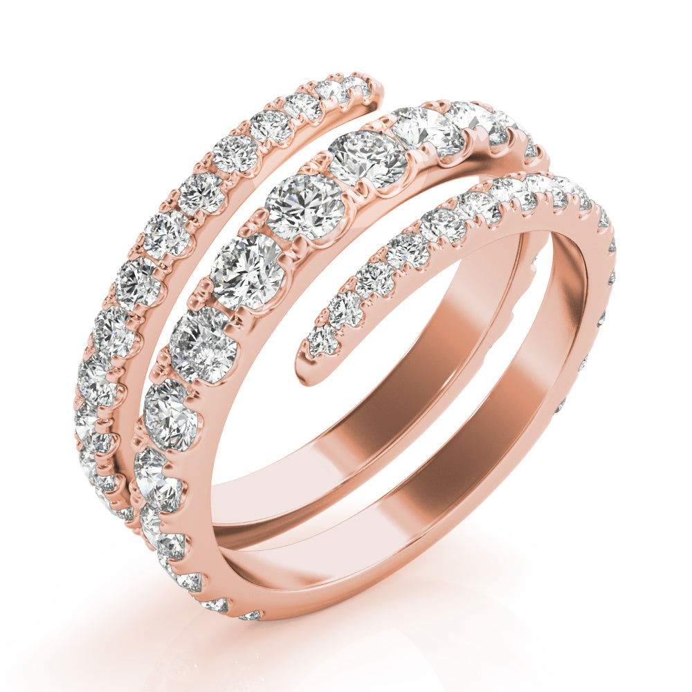 14k gold spiral ring with lab-grown diamonds in a continuous loop design, featuring overlapping bands.