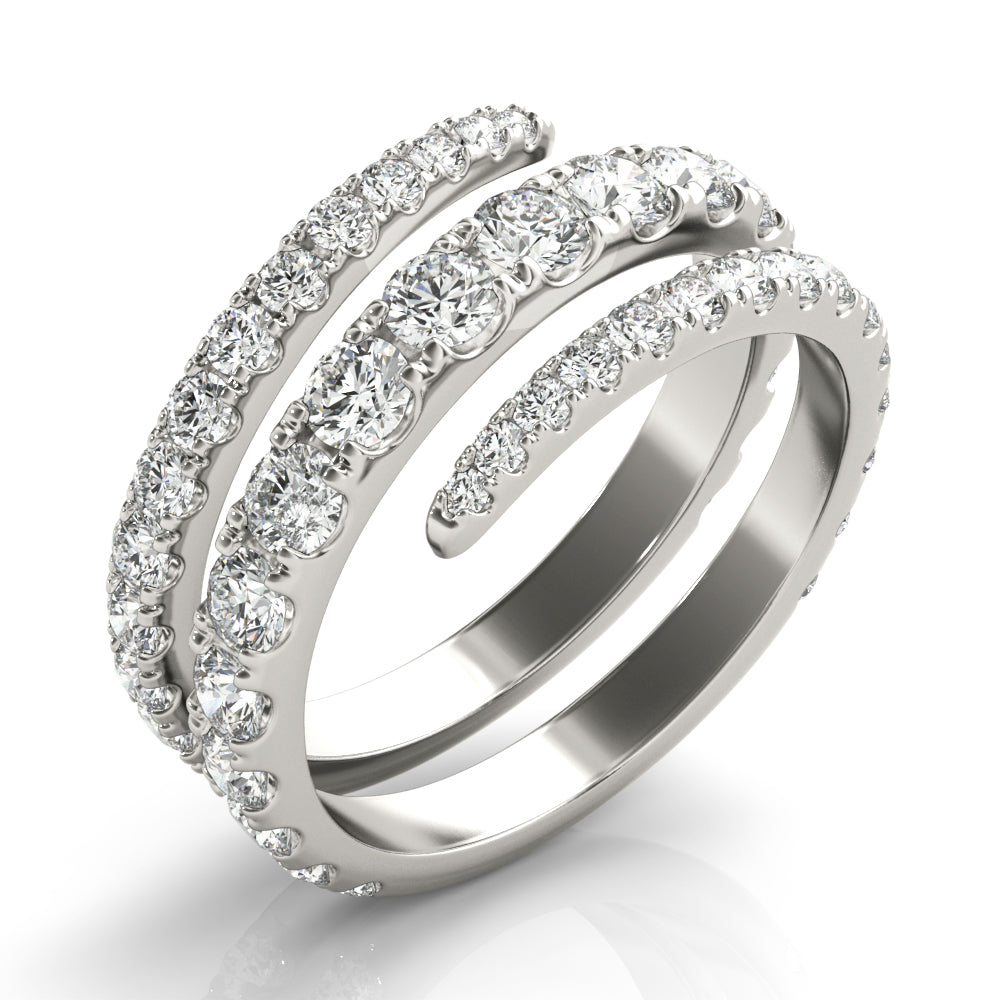 14k gold spiral ring with lab-grown diamonds in a continuous loop design, featuring overlapping bands.