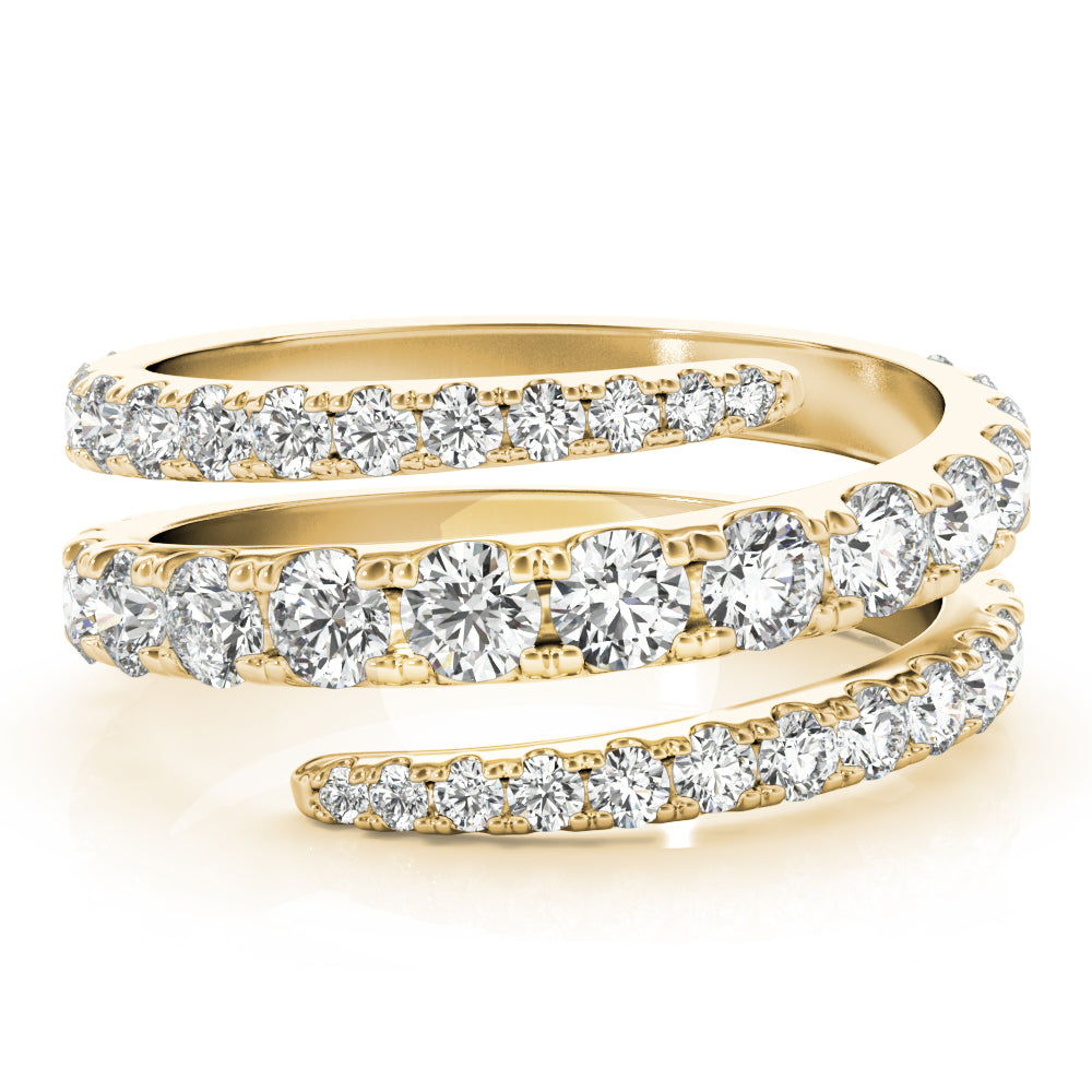 14k gold spiral ring with lab-grown diamonds in a continuous loop design, featuring overlapping bands.