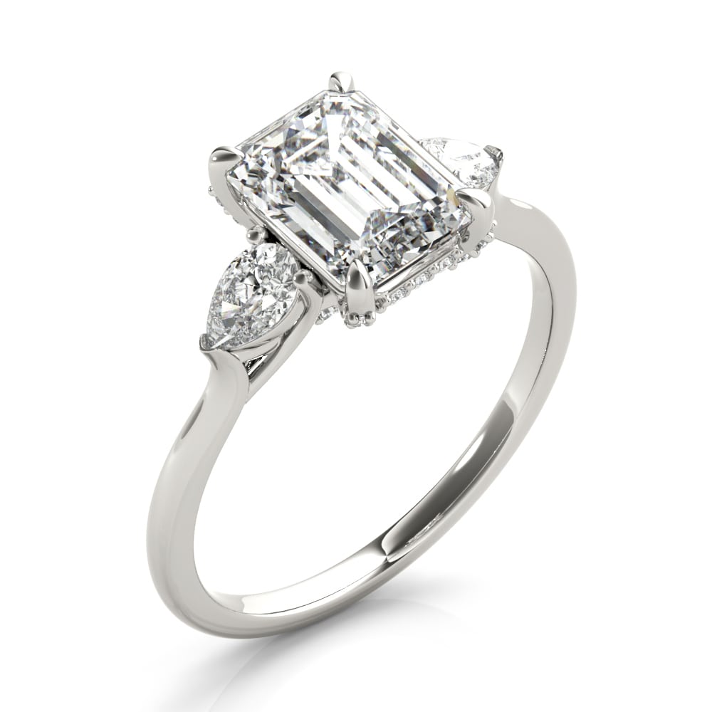 Emerald-cut lab-grown diamond ring in 14k gold with pear-shaped diamond side stones.