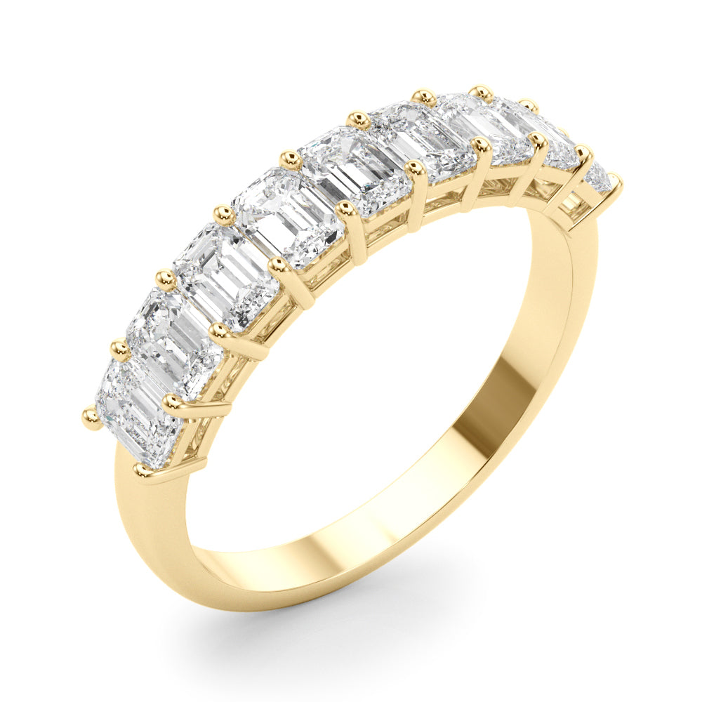 14k gold half eternity band with emerald-cut lab-grown diamonds arranged in a row.