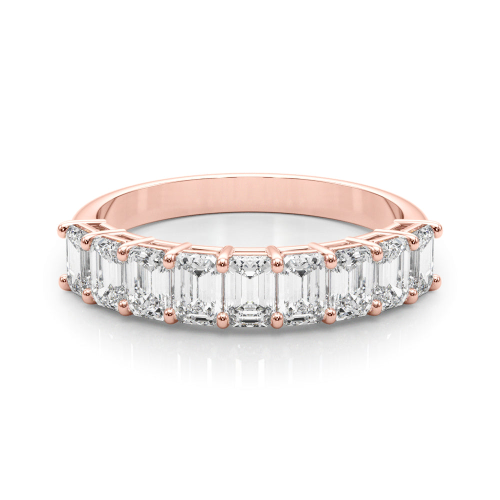 14k gold half eternity band with emerald-cut lab-grown diamonds arranged in a row.