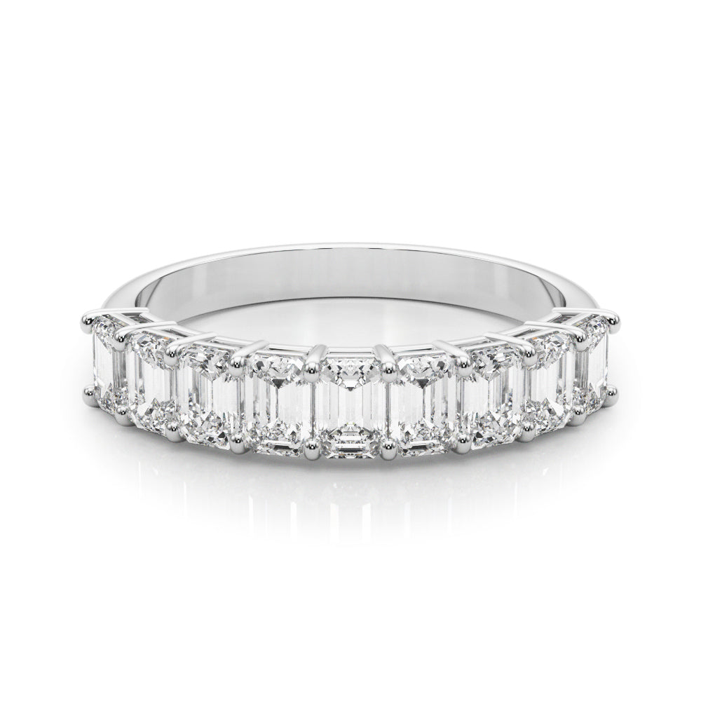 14k gold half eternity band with emerald-cut lab-grown diamonds arranged in a row.