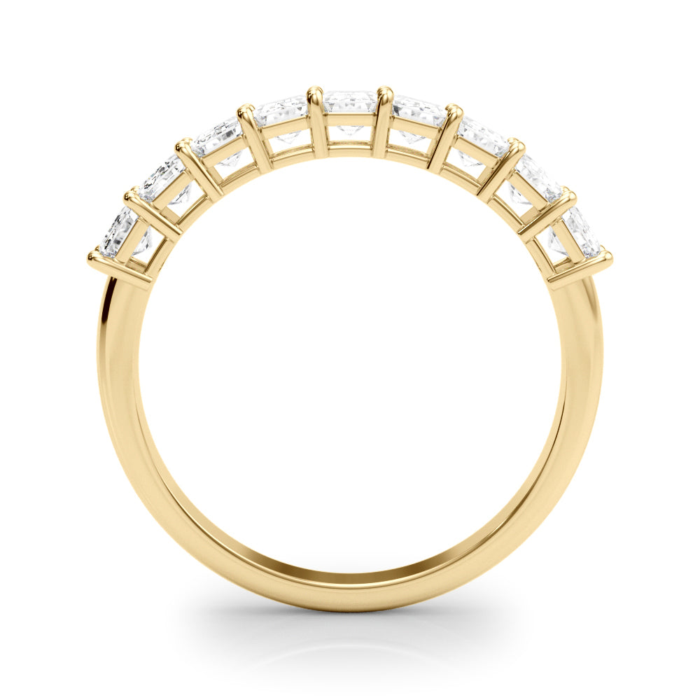 14k gold half eternity band with emerald-cut lab-grown diamonds arranged in a row.