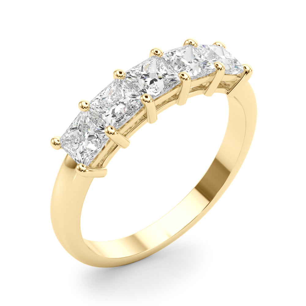 14k gold ring featuring five princess-cut lab-grown diamonds in a linear design.