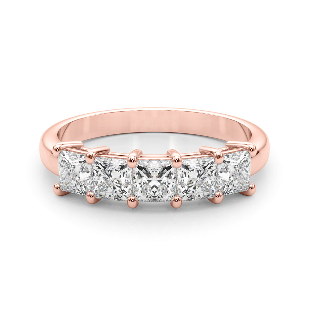 14k gold ring featuring five princess-cut lab-grown diamonds in a linear design.