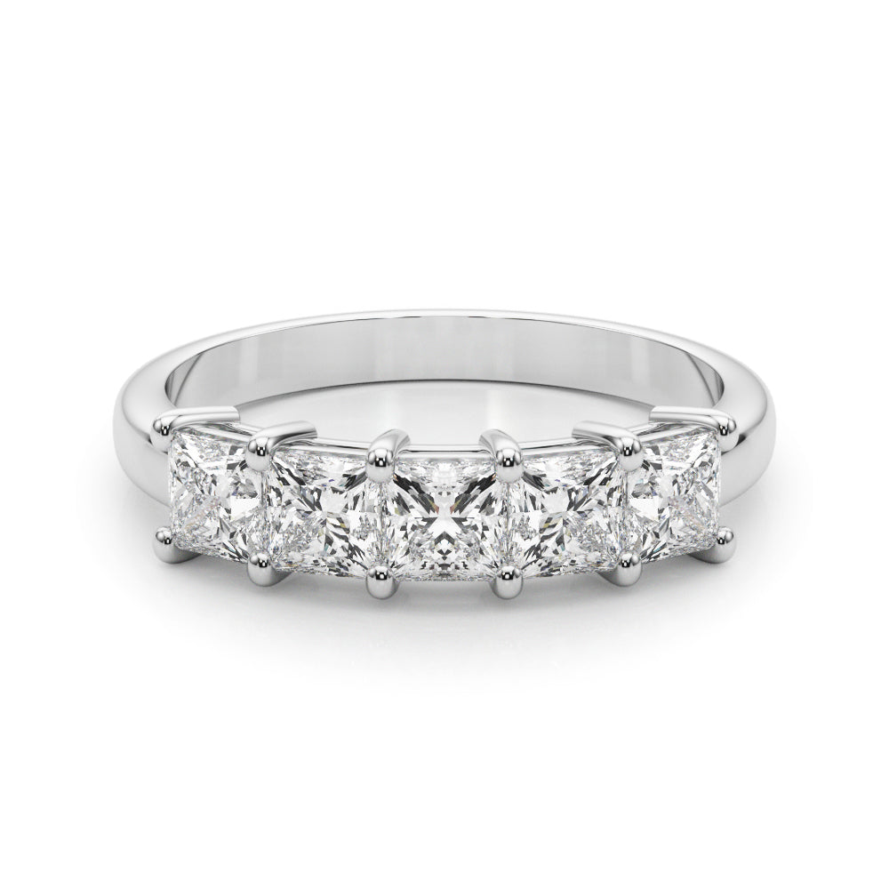14k gold ring featuring five princess-cut lab-grown diamonds in a linear design.