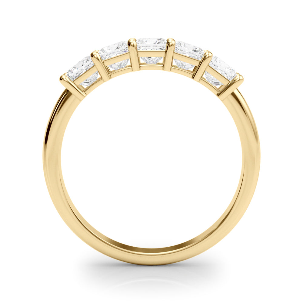 14k gold ring featuring five princess-cut lab-grown diamonds in a linear design.
