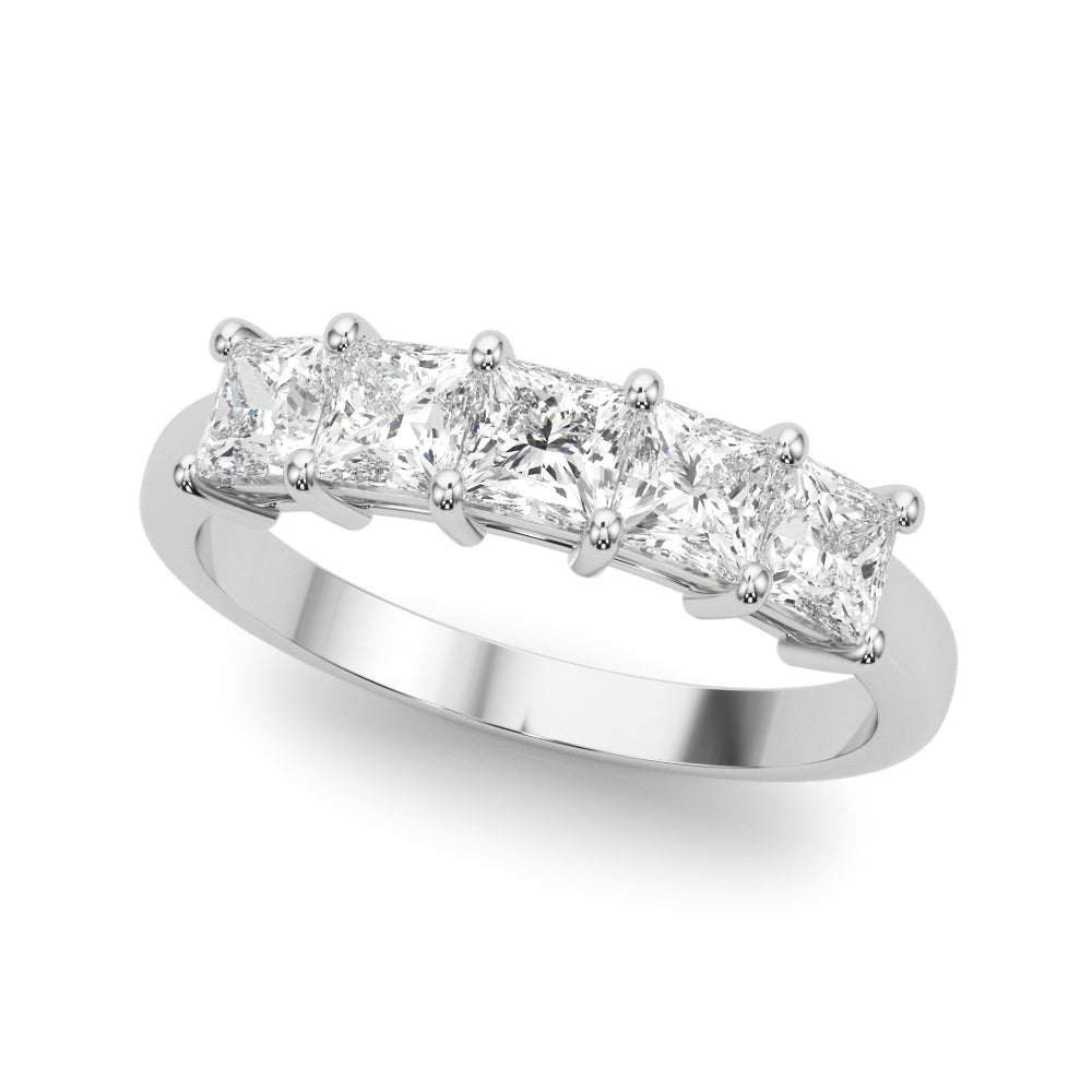 14k gold ring featuring five princess-cut lab-grown diamonds in a linear design.