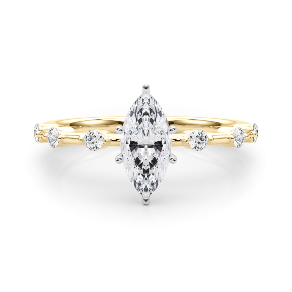 14k yellow gold Infinite Grace Ring featuring a marquise-cut Lovinity diamond and round diamonds set along the band.