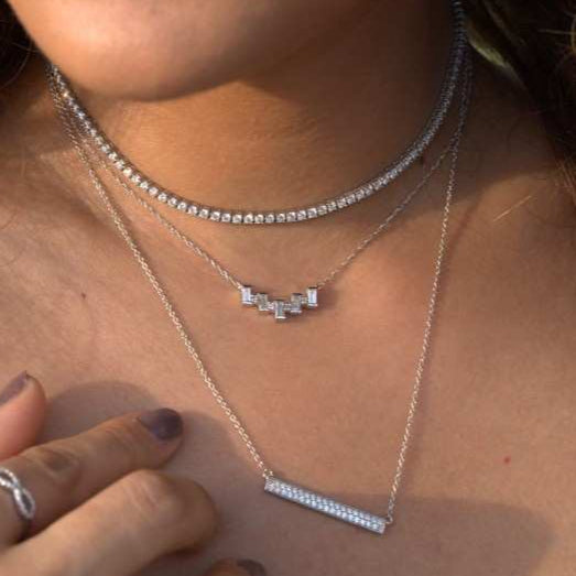 14k white gold Nature's Harmony diamond necklace with emerald-cut lab-grown diamonds arranged in a graceful wave, inspired by the Tree of Life.