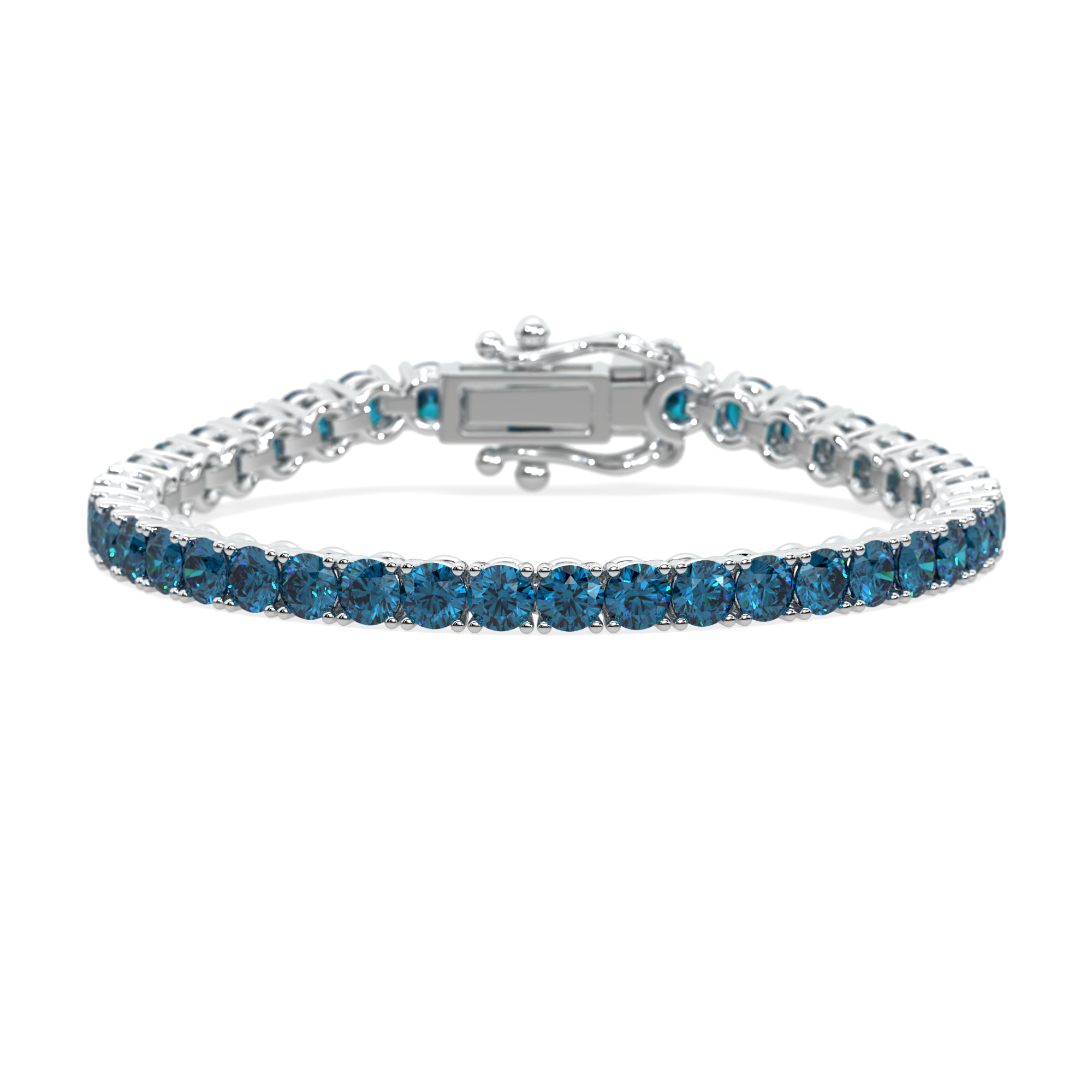 14k gold bracelet with vivid blue lab-grown diamonds in a 4-prong setting.
Elegant tennis bracelet featuring round blue diamonds in a flowing design.
Close-up of The Eternal Flow Bracelet with blue diamonds and white gold craftsmanship.