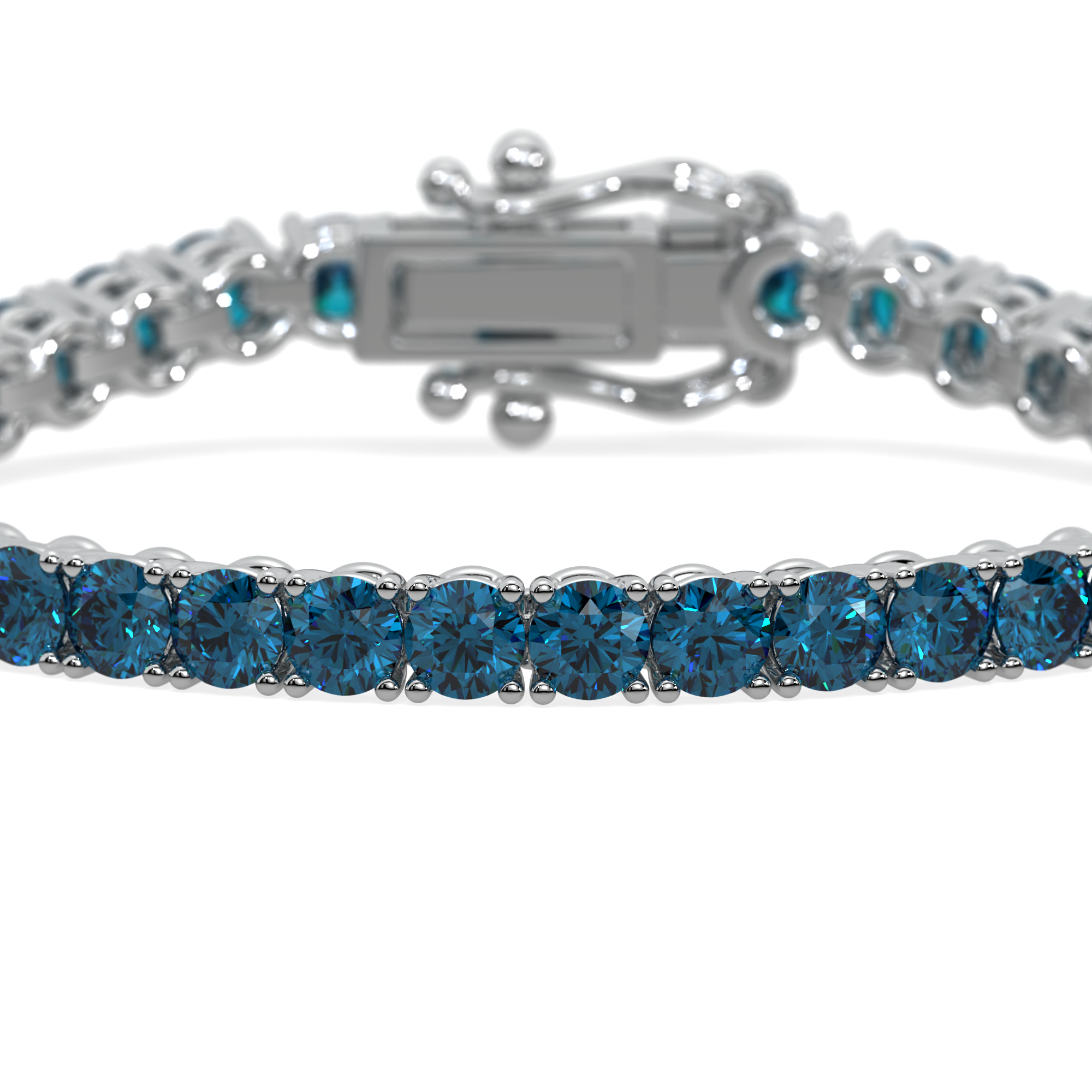 14k gold bracelet with vivid blue lab-grown diamonds in a 4-prong setting.
Elegant tennis bracelet featuring round blue diamonds in a flowing design.
Close-up of The Eternal Flow Bracelet with blue diamonds and white gold craftsmanship.