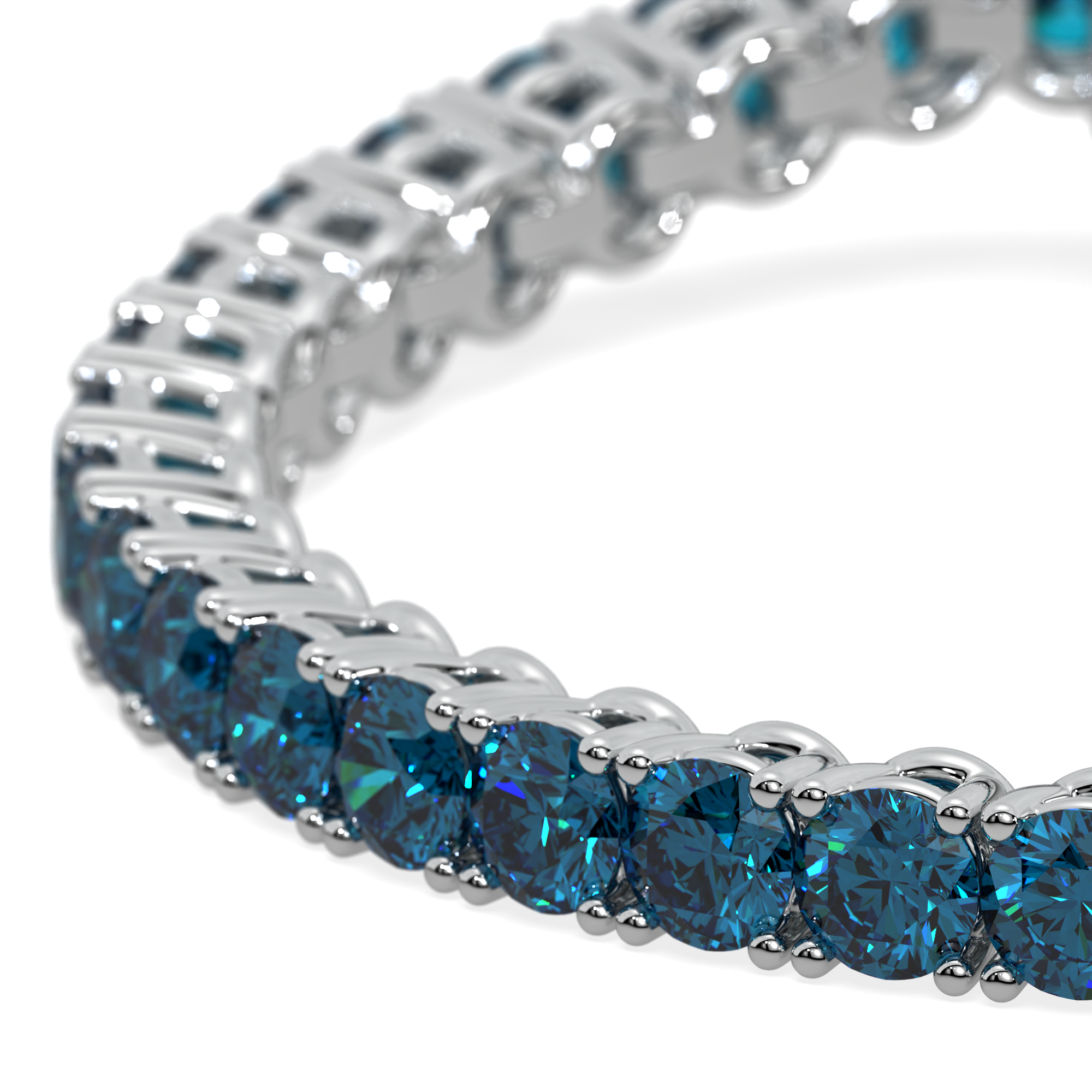 14k gold bracelet with vivid blue lab-grown diamonds in a 4-prong setting.
Elegant tennis bracelet featuring round blue diamonds in a flowing design.
Close-up of The Eternal Flow Bracelet with blue diamonds and white gold craftsmanship.