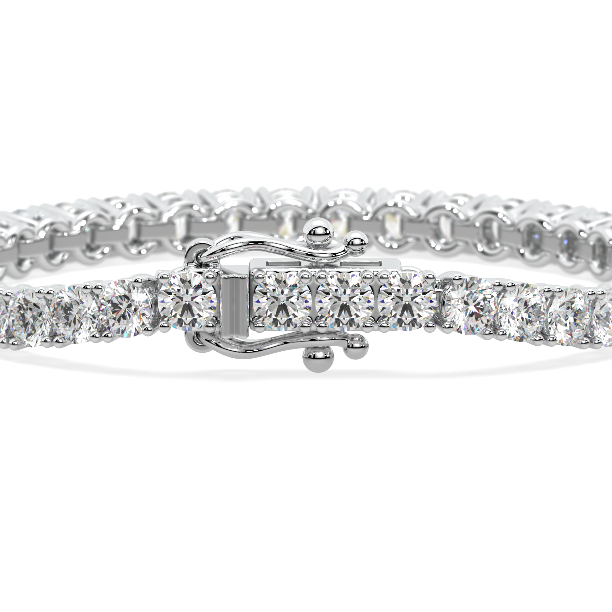 Close-up of a 14k gold tennis bracelet with lab-grown diamonds in a secure 4-prong setting.