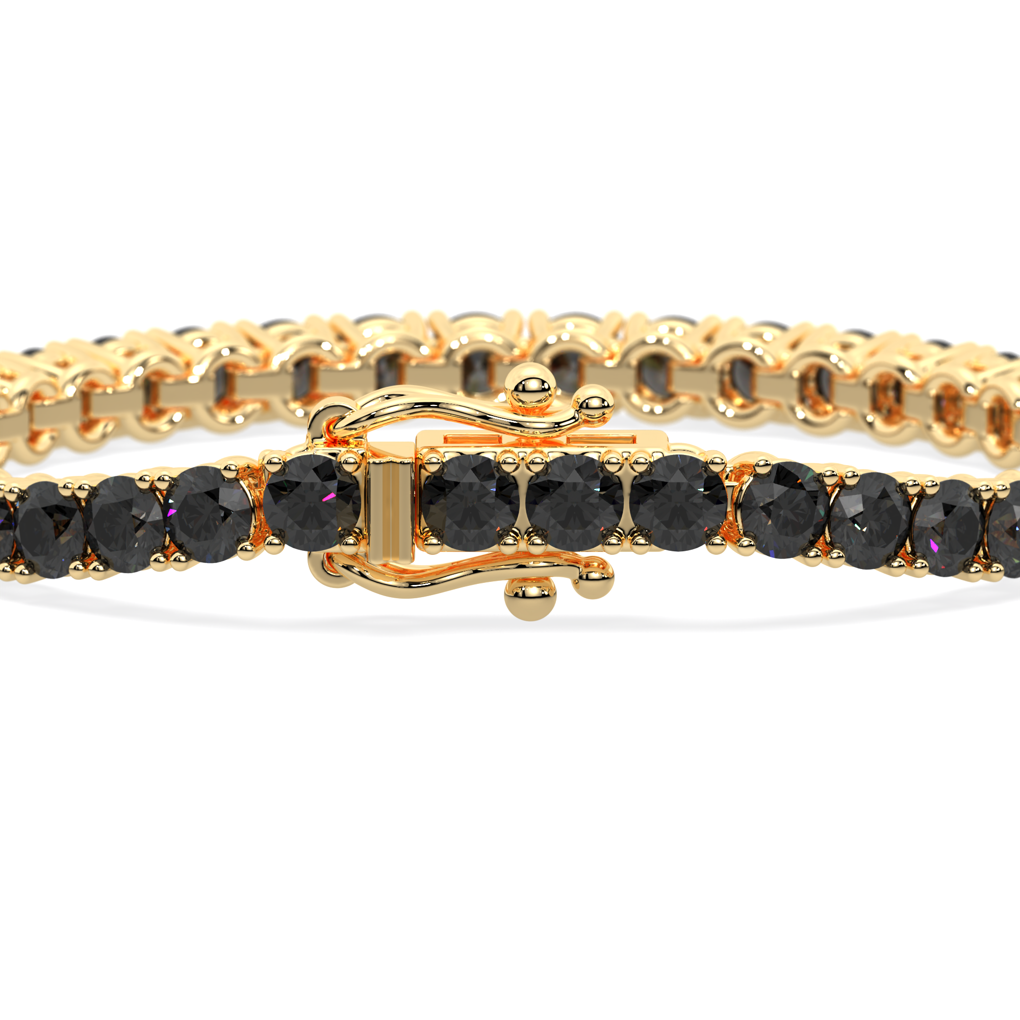 14k gold tennis bracelet with sleek black lab-grown diamonds in a 4-prong setting, minimalist and elegant design.
Close-up of black diamonds set in a 4-prong gold bracelet inspired by the vitality of the phoenix.
Side view of Obsidian Flame Bracelet featuring round black diamonds in a bold yet refined design.
Minimalist gold tennis bracelet with vivid black diamonds in a 4-prong flame-inspired setting.