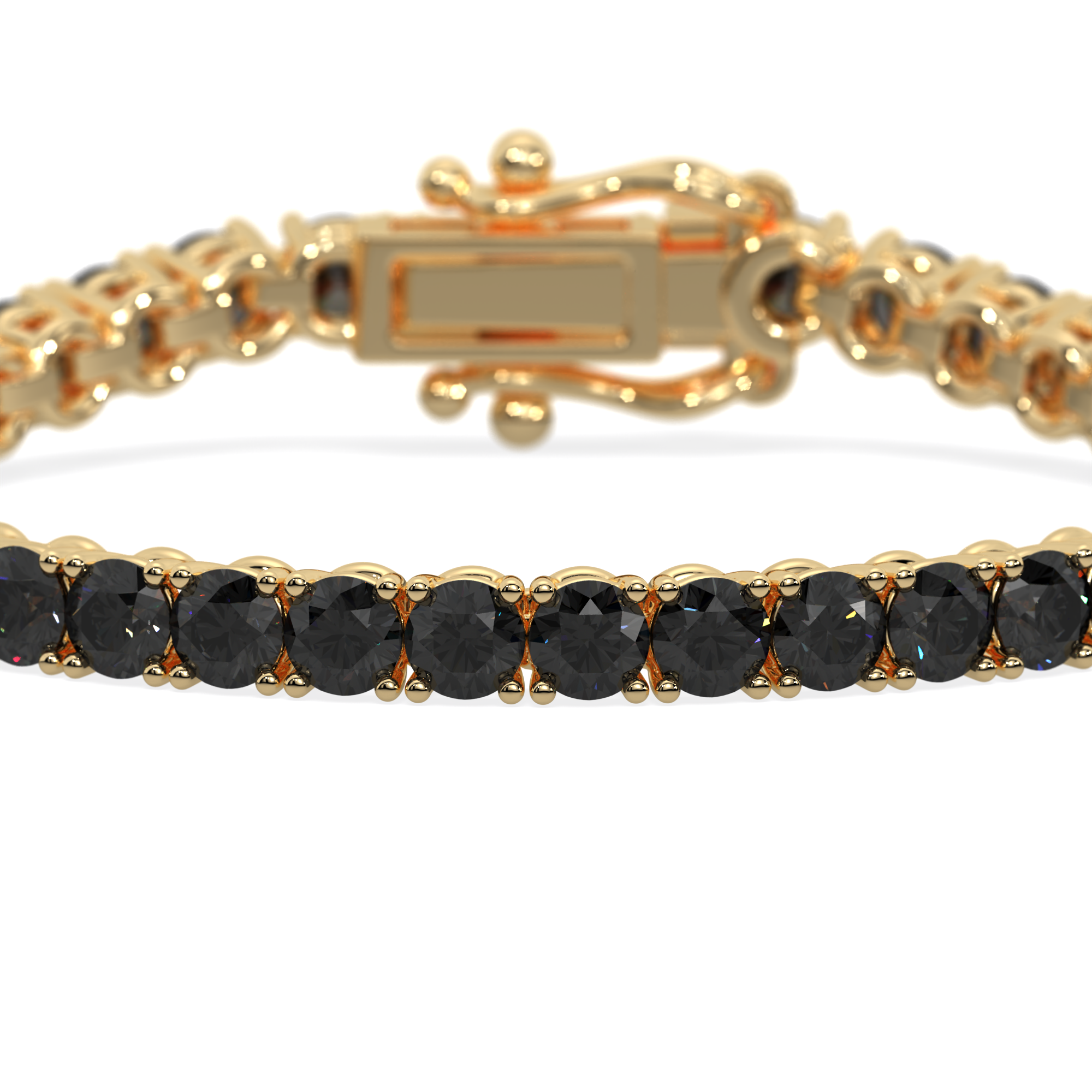 14k gold tennis bracelet with sleek black lab-grown diamonds in a 4-prong setting, minimalist and elegant design.
Close-up of black diamonds set in a 4-prong gold bracelet inspired by the vitality of the phoenix.
Side view of Obsidian Flame Bracelet featuring round black diamonds in a bold yet refined design.
Minimalist gold tennis bracelet with vivid black diamonds in a 4-prong flame-inspired setting.
