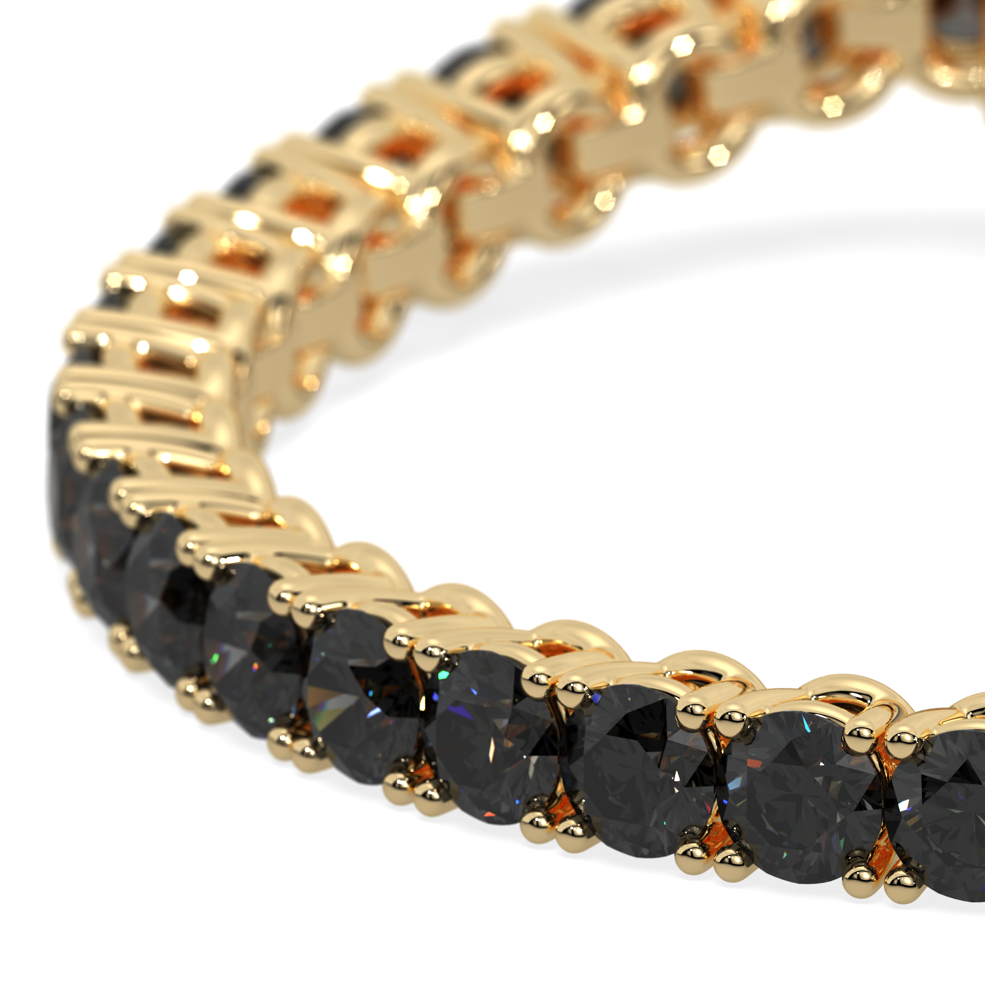 14k gold tennis bracelet with sleek black lab-grown diamonds in a 4-prong setting, minimalist and elegant design.
Close-up of black diamonds set in a 4-prong gold bracelet inspired by the vitality of the phoenix.
Side view of Obsidian Flame Bracelet featuring round black diamonds in a bold yet refined design.
Minimalist gold tennis bracelet with vivid black diamonds in a 4-prong flame-inspired setting.