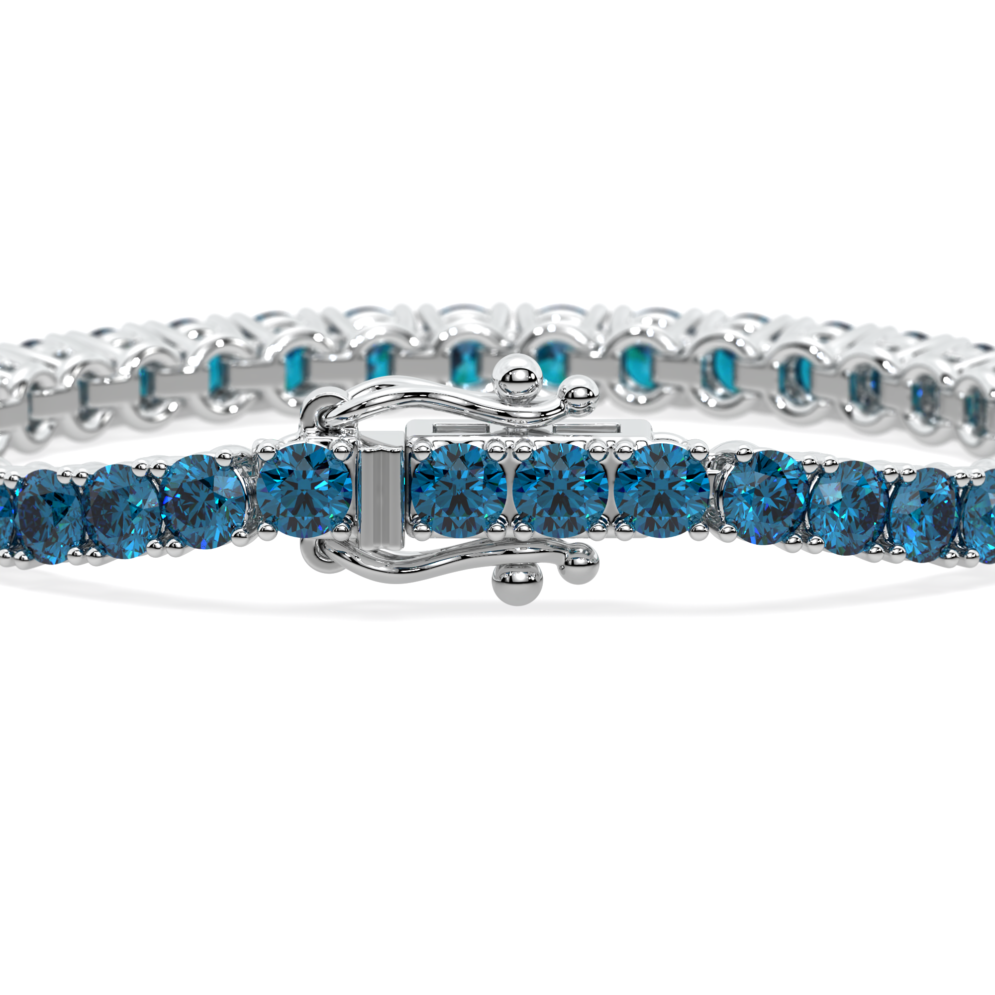 14k gold bracelet with vivid blue lab-grown diamonds in a 4-prong setting.
Elegant tennis bracelet featuring round blue diamonds in a flowing design.
Close-up of The Eternal Flow Bracelet with blue diamonds and white gold craftsmanship.