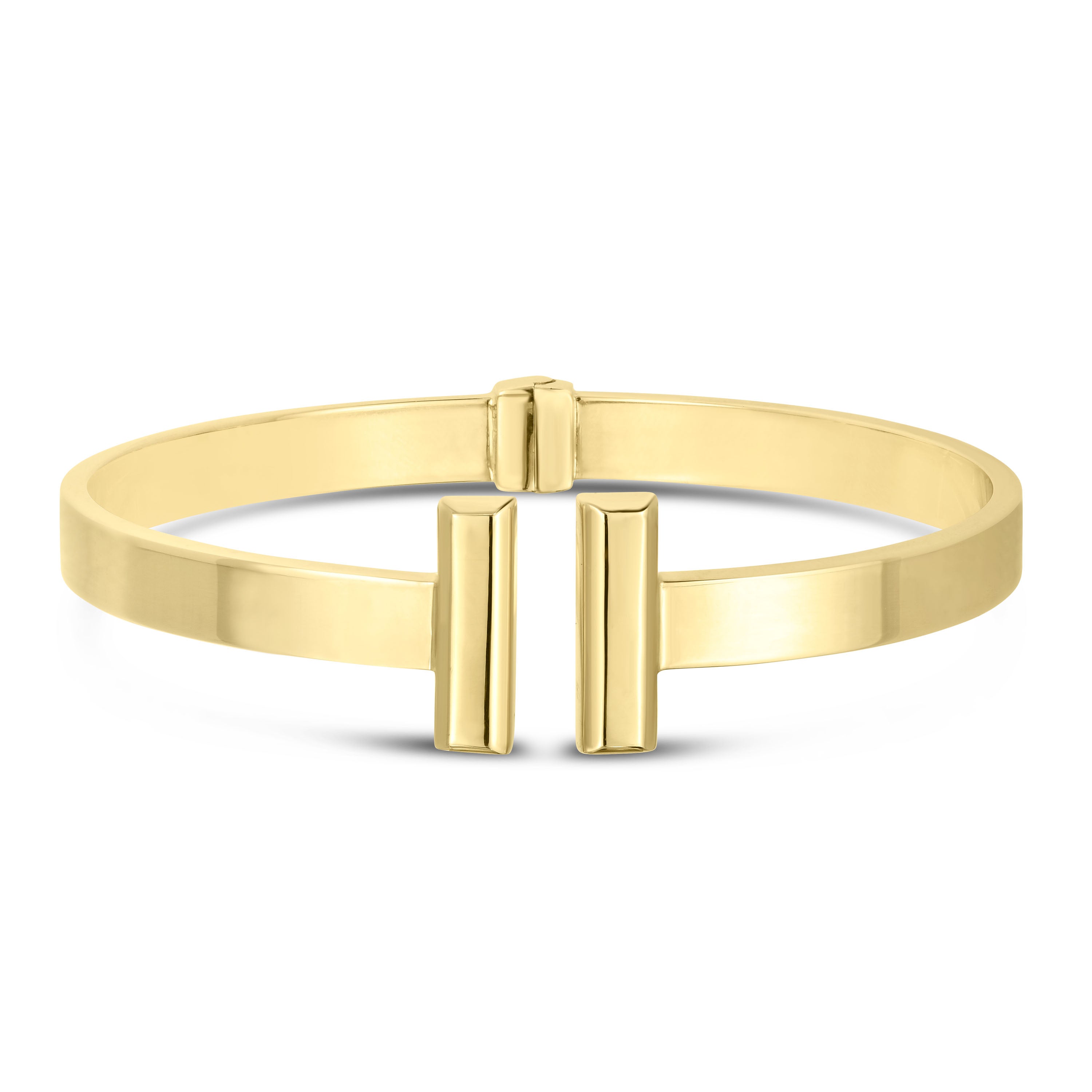 14k gold open embrace bracelet with sleek lines and polished finish, symbolizing strength and connection.