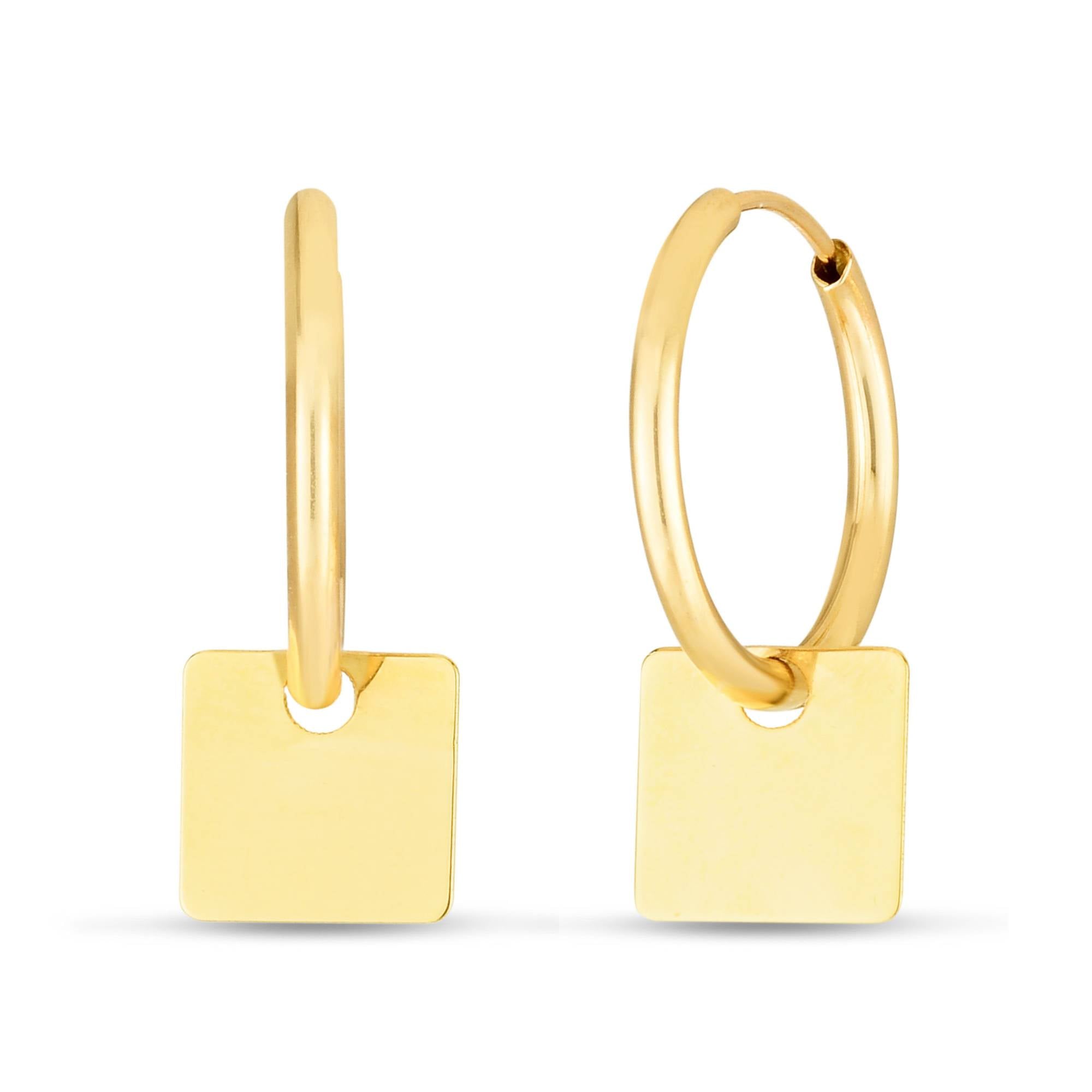 14k gold hoop earrings with sleek square charm, minimalist geometric design from Lovinity’s Essential Collection.