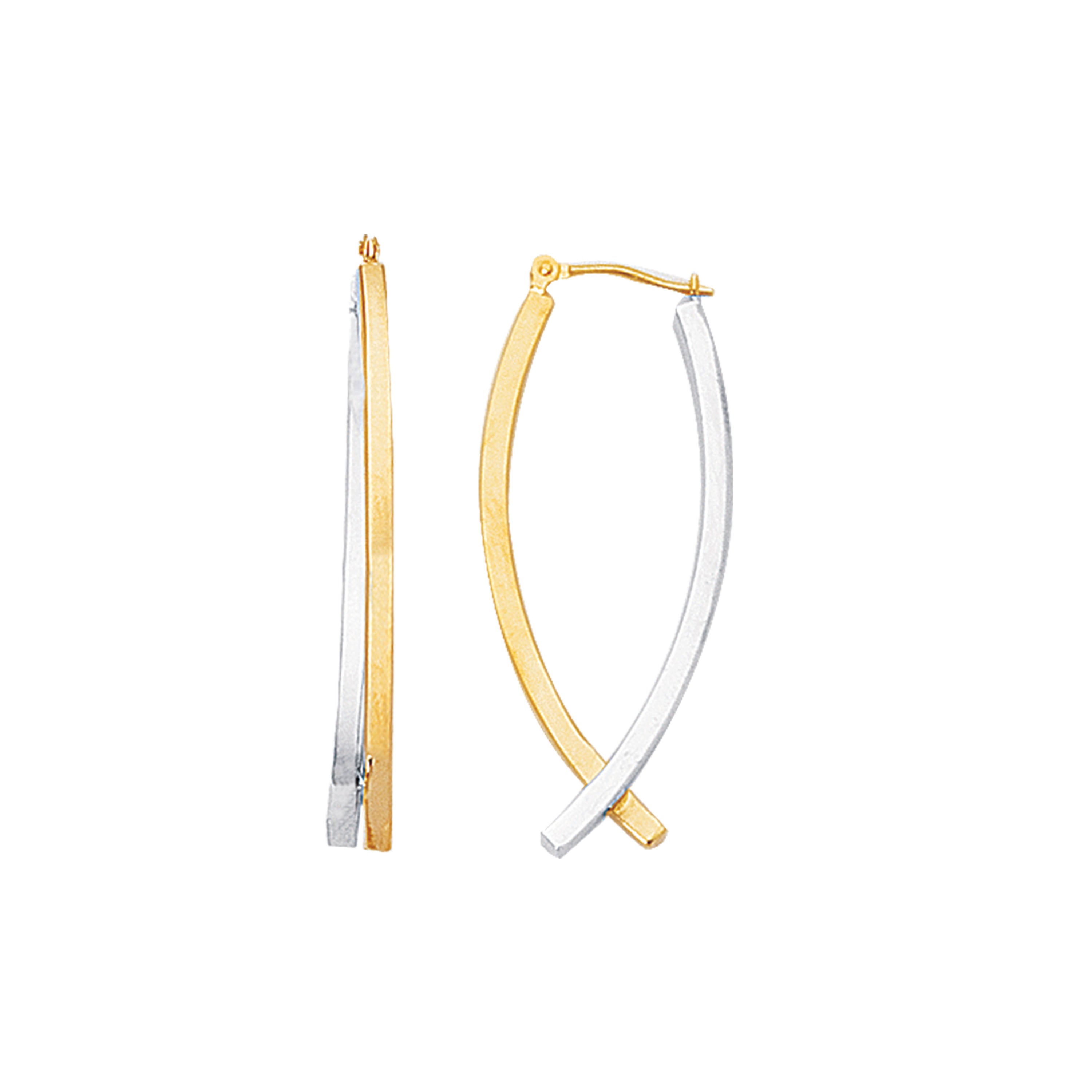 14k gold and silver intersecting arc earrings from Lovinity’s Unity Collection, symbolizing unity and balance.