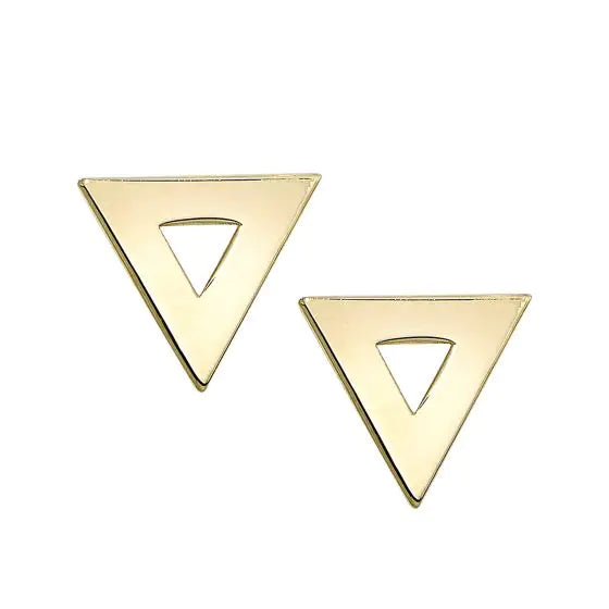 14k gold triangle stud earrings with an open-centered design from Lovinity’s Unity Collection, symbolizing balance and unity.
