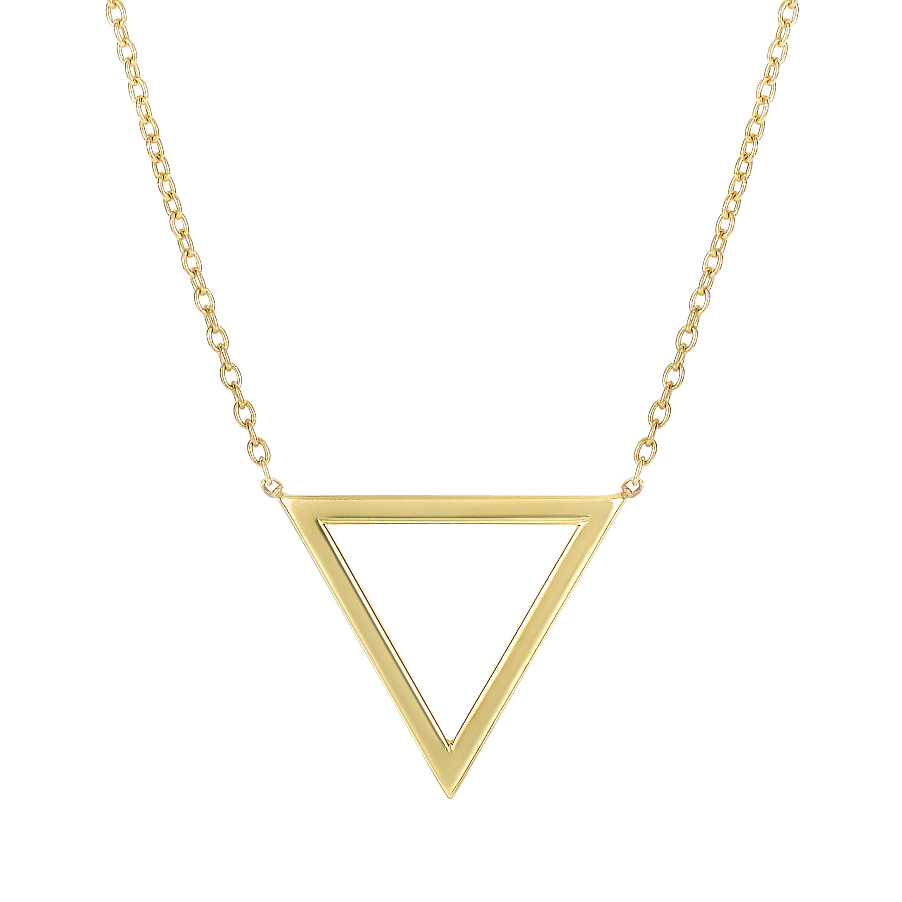 14k gold triangular necklace with open triangle design, symbolizing balance, harmony, and minimalist beauty.