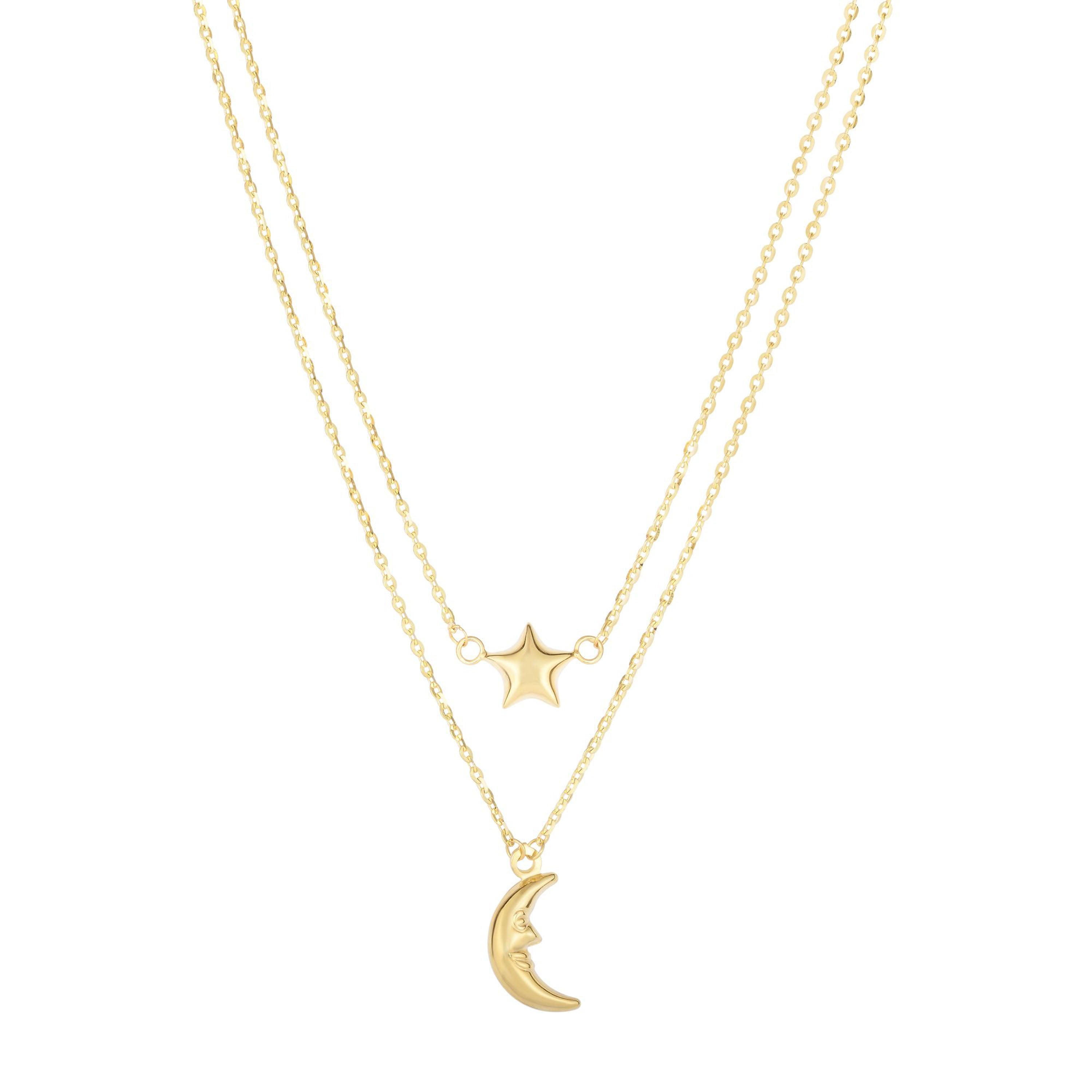 14k gold layered necklace featuring a crescent moon and star, symbolizing intuition, transformation, and hope.