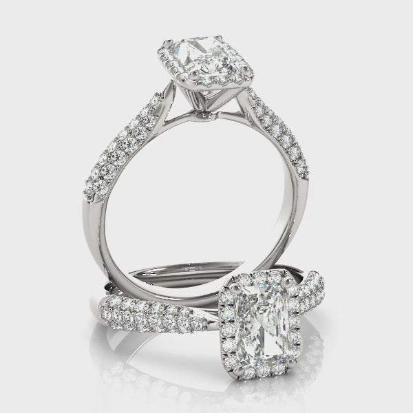 14k gold radiant cut diamond ring with halo and lab-grown diamonds.