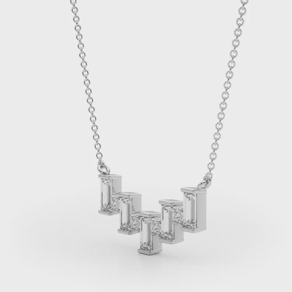 14k white gold Nature's Harmony diamond necklace with emerald-cut lab-grown diamonds arranged in a graceful wave, inspired by the Tree of Life.