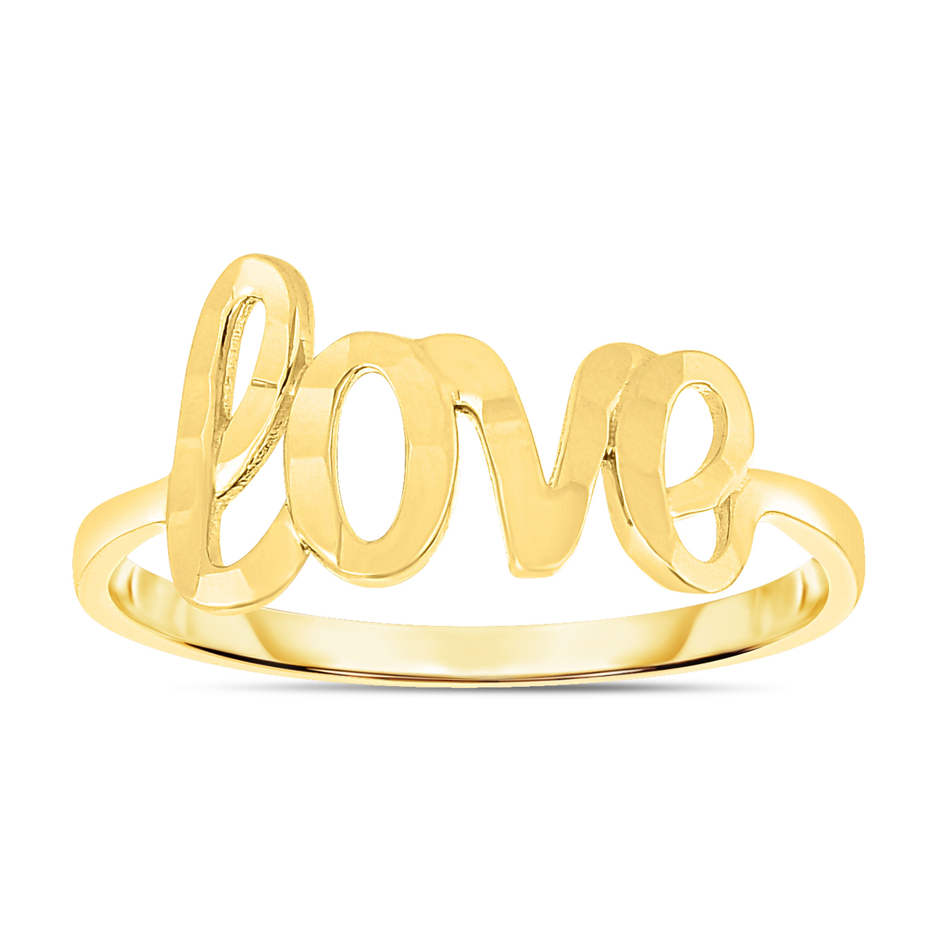 14k Gold Love Script Ring featuring an elegant script design spelling "Love," symbolizing affection and connection.