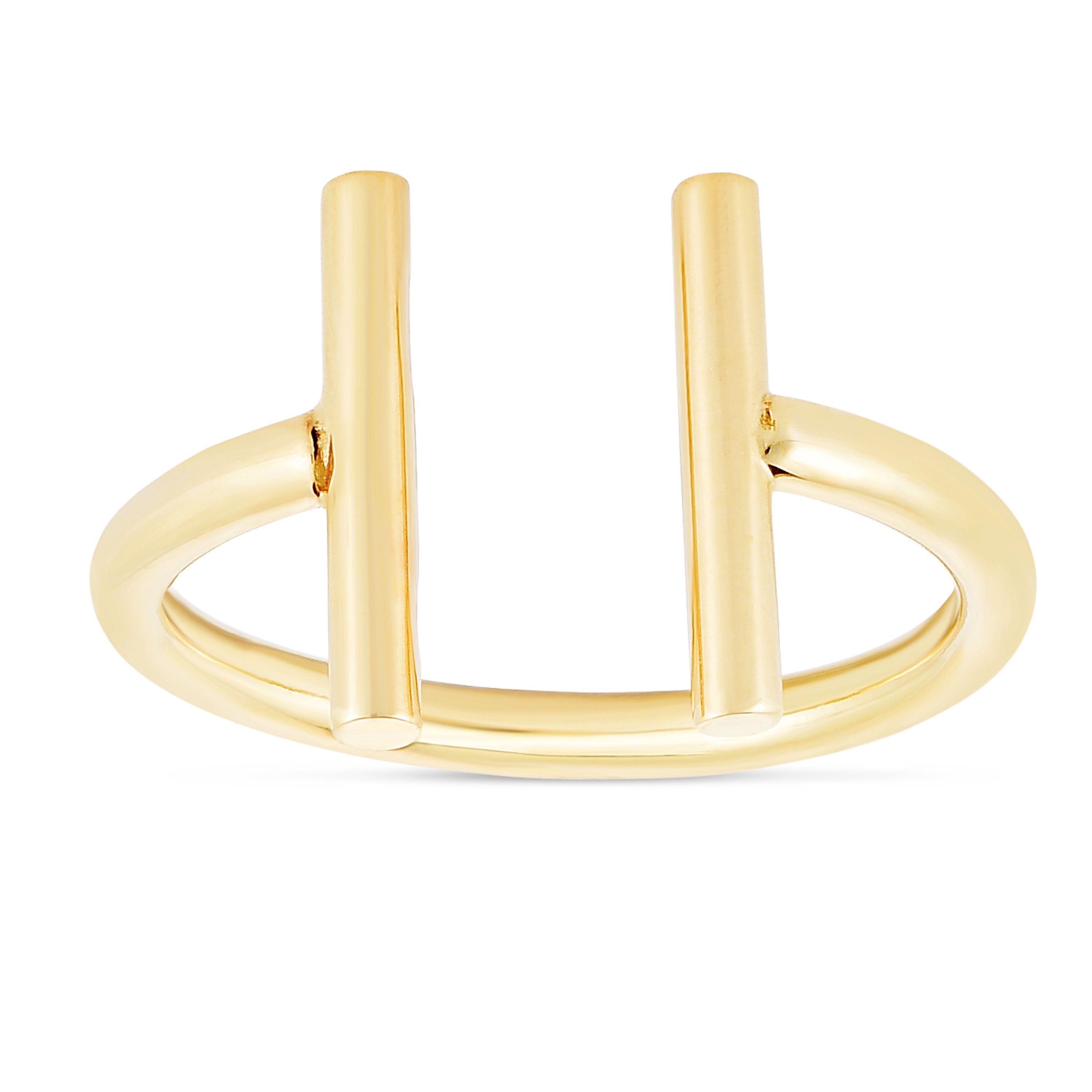 14k Gold Open Embrace Ring featuring two sleek vertical bars, symbolizing strength, connection, and unity.