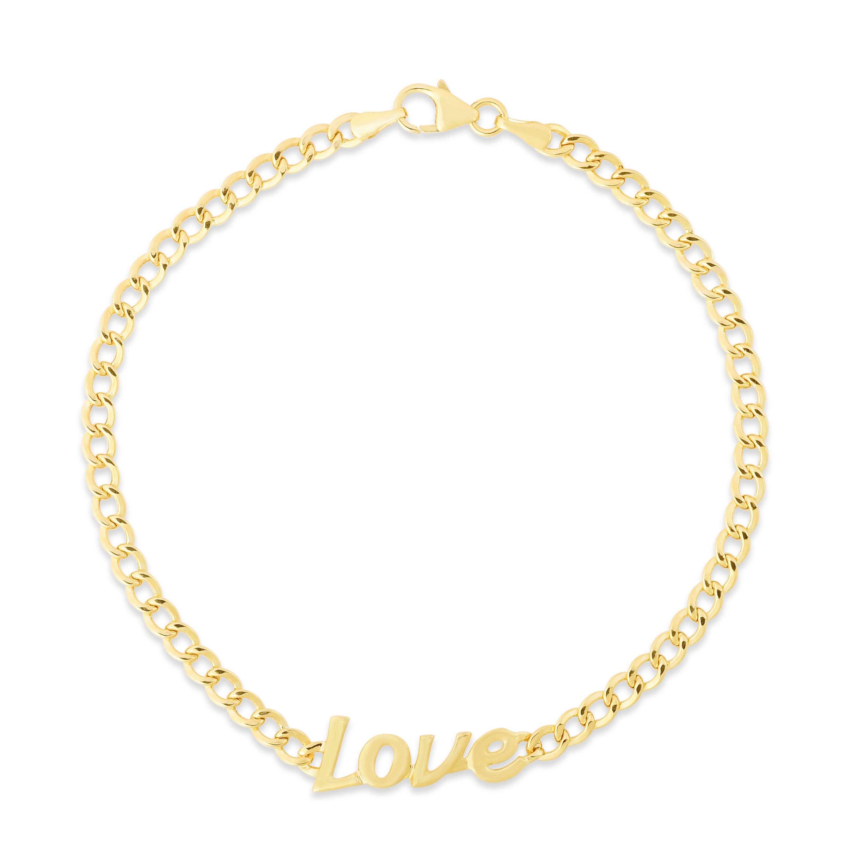 14k gold chain bracelet featuring the word 'Love' in elegant script.